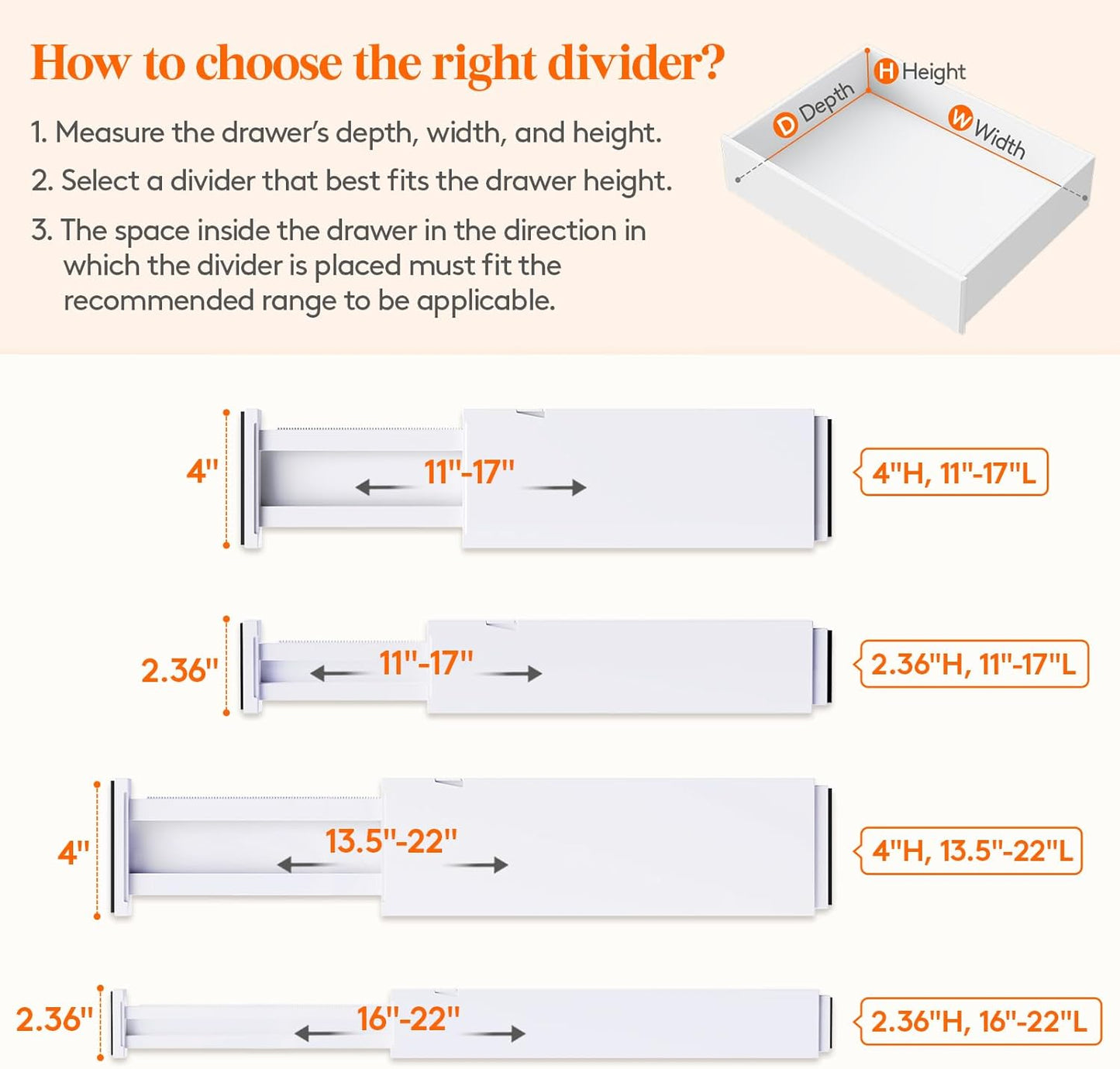 Lifewit 5 Pack Drawer Dividers 4" High, 11-17" Adjustable Dresser Drawer Organizers for Clothes, Expandable Dresser Separators in Bedroom/Bathroom/Kitchen/Vanity/Office Organization and Storage, White