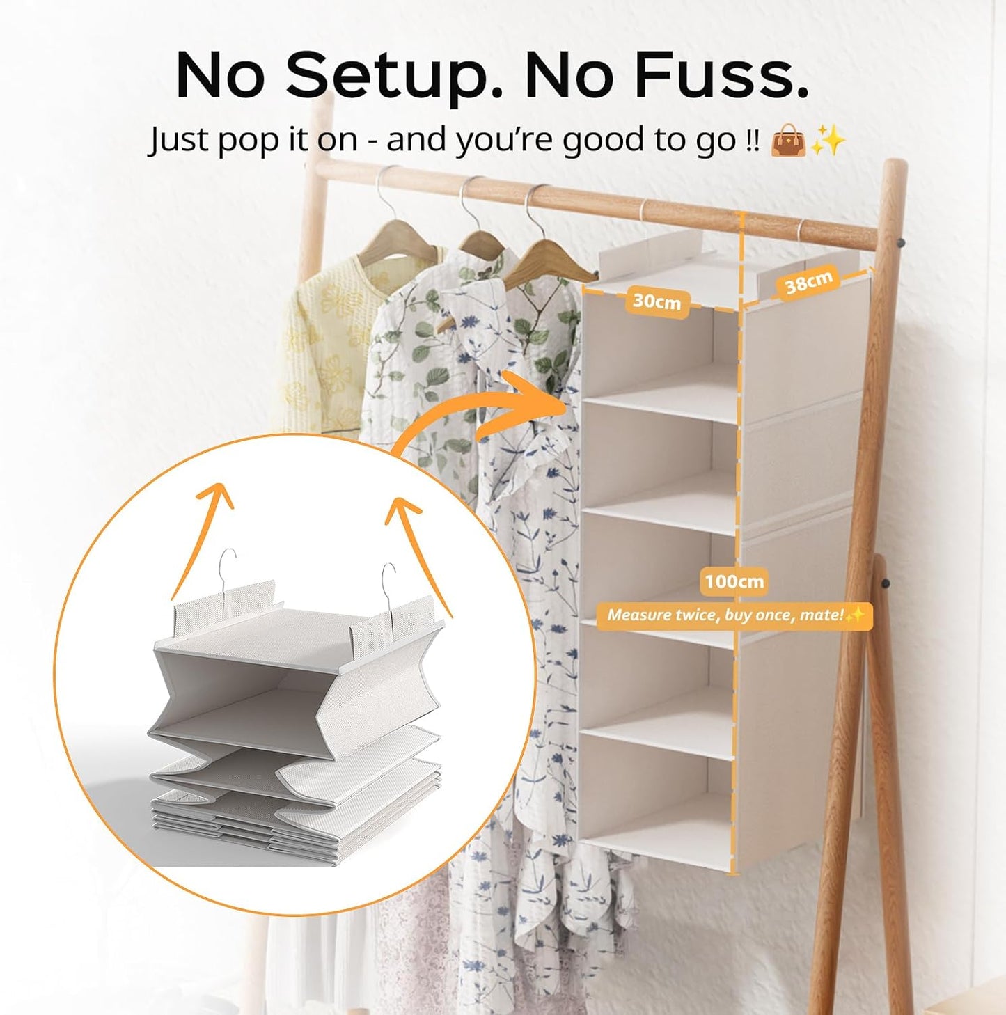 Extra Deep Hanging Closet Organizer with Shelves and Oversized Mesh Pockets, Heavy-Duty Structure, No Deformation, Max Storage for Clothes, Shoes, Hats, Dorms and RVs,1-Pack (White, 5 Tier)