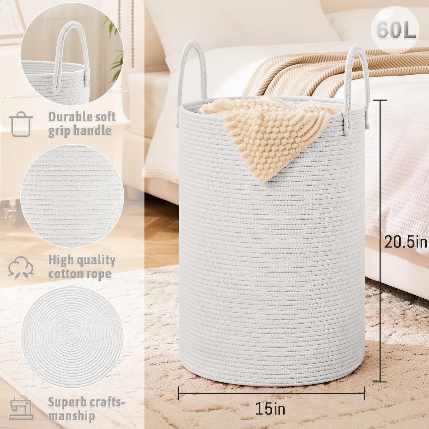 Laundry Basket,Woven Cotton Rope Laundry Hamper,60L for Decorative Storage of Dirty Clothes,Toys and Blankets in Bathroom,Baby Room and Living Room