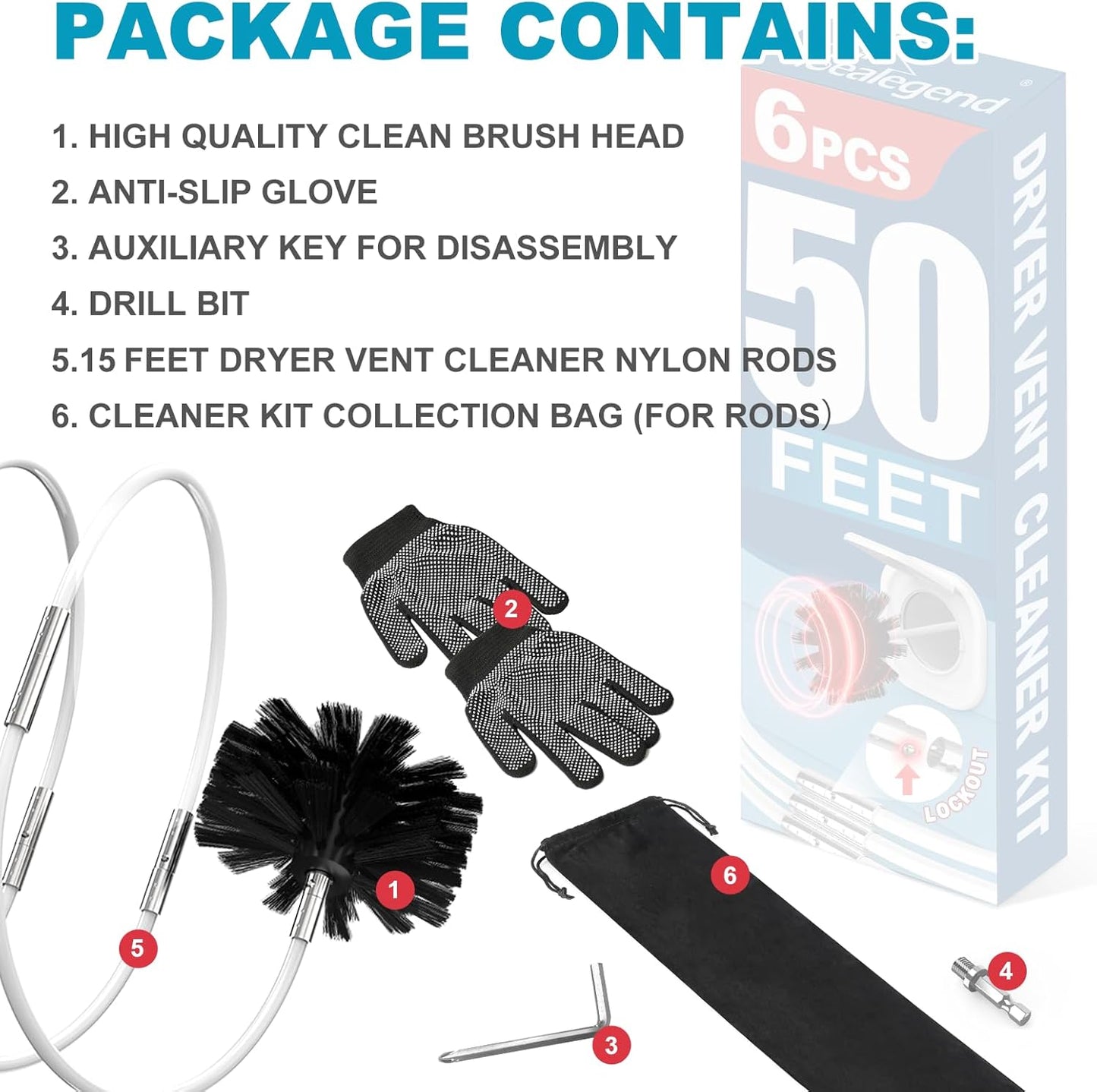 Sealegend 50 Feet Dryer Vent Cleaner Kit/Lint Remover/Fireplace Chimney Brushes/Upgraded Flexible Quick-Snap Brush with Drill Attachment for Easy to use/Cleaning Tools Use with or Without Power Drill
