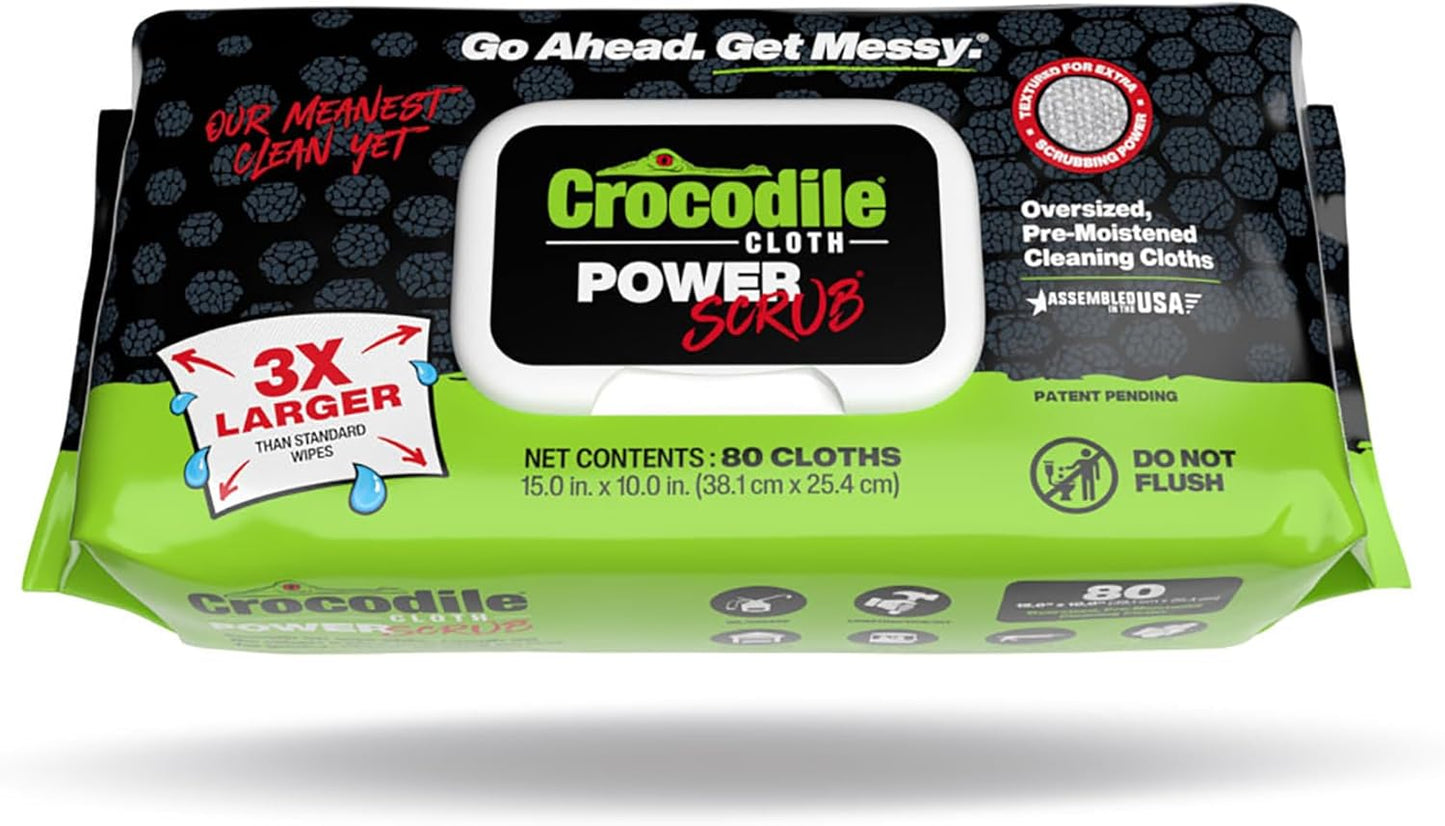 Crocodile Cloth PowerSCRUB Cleaning Wipes – 80 (15" x 10") Dual-Surface Cloths, Heavy-Duty, Moist, Absorbent, & Disposable - Safe on Skin & Multiple Surfaces