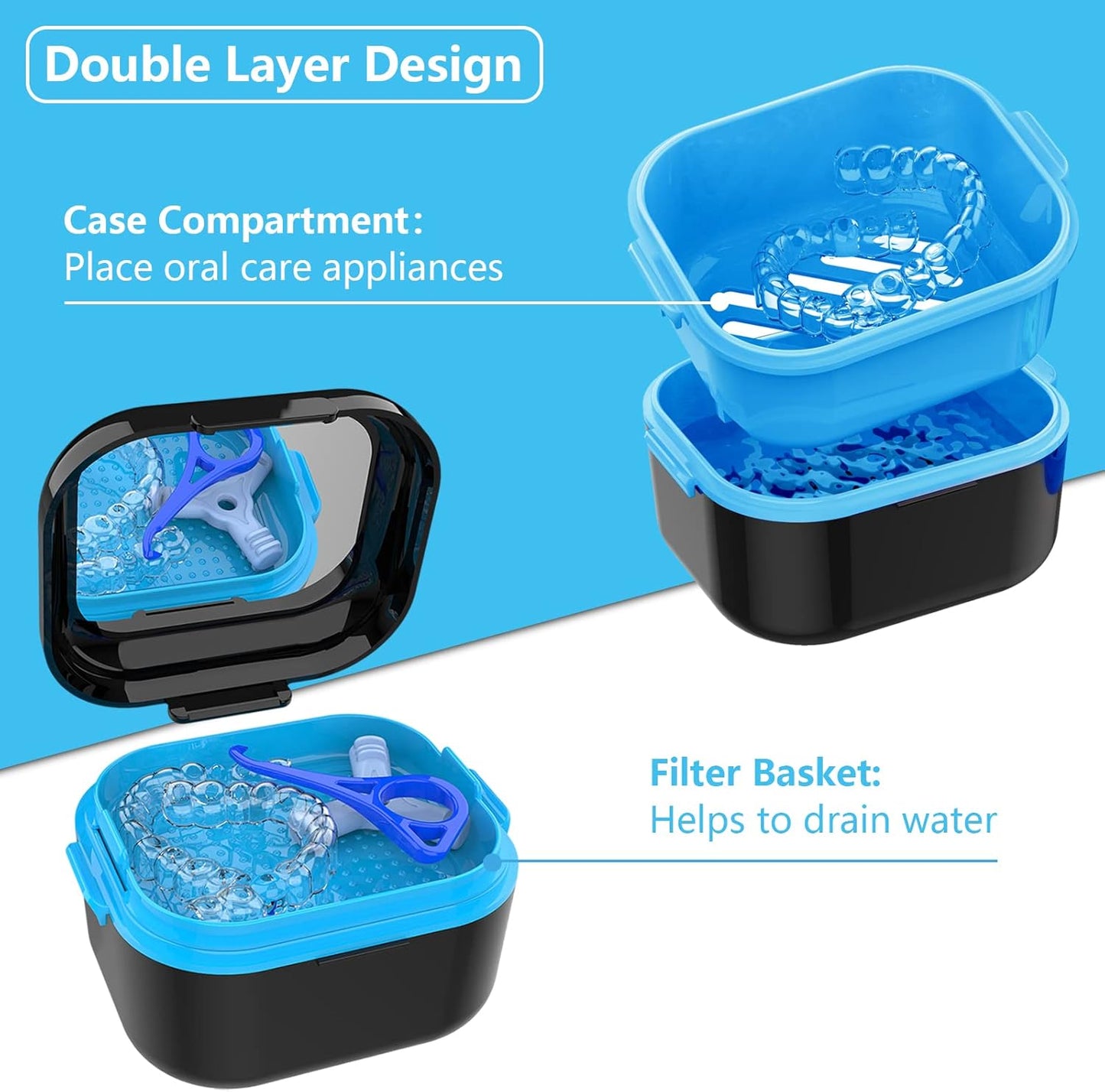 BVN Denture Bath Denture Case: Denture Cup for Soaking Dentures, Retainer Cleaner Case with Mirror, Mouth Guard Case, Aligner Case, Retainer Holder, Night Guard Case, False Teeth Container Black