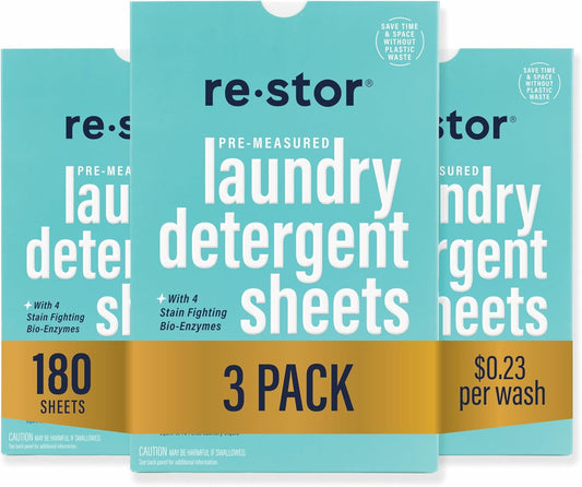 restor Laundry Detergent Sheets Fresh Linen 180 Loads | Eco Friendly Plastic Free Travel Laundry Washer Sheets | Superior Stain Fighting Washing Detergent sheets Number One in Australia