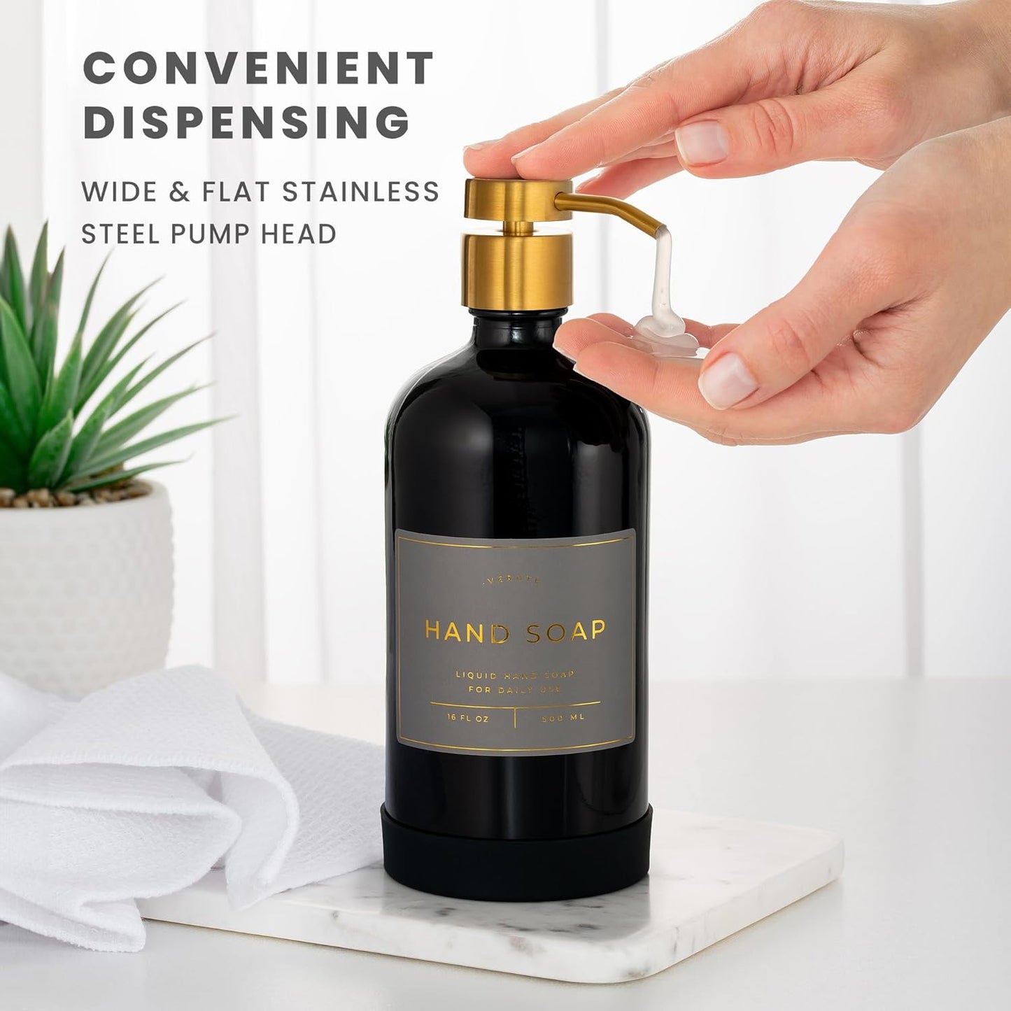 16oz Glass Soap Dispenser with Stainless Steel Pump, 21 Waterproof Labels, Non-Slip Protective Silicone Pad, Set of 2 for Bathroom & Kitchen (Gloss Black Bottle/Brushed Gold Pump)