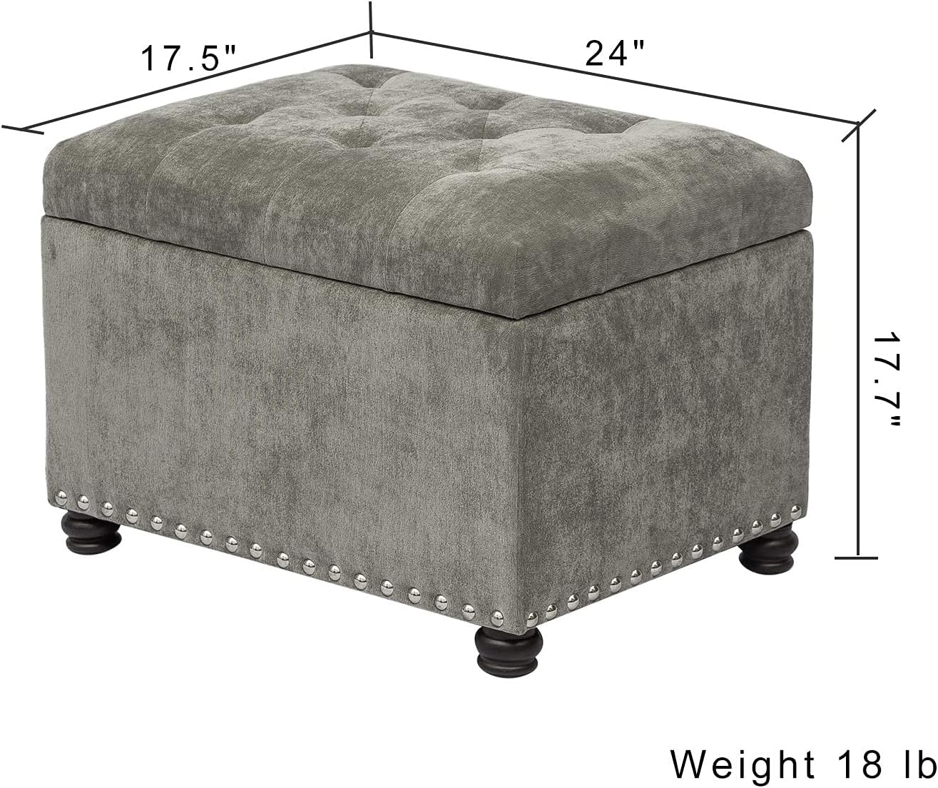 Joveco Storage Ottoman Foot Rest Stool, 24" Velvet Footstool Bench for Living Room Bedroom, Light Grey