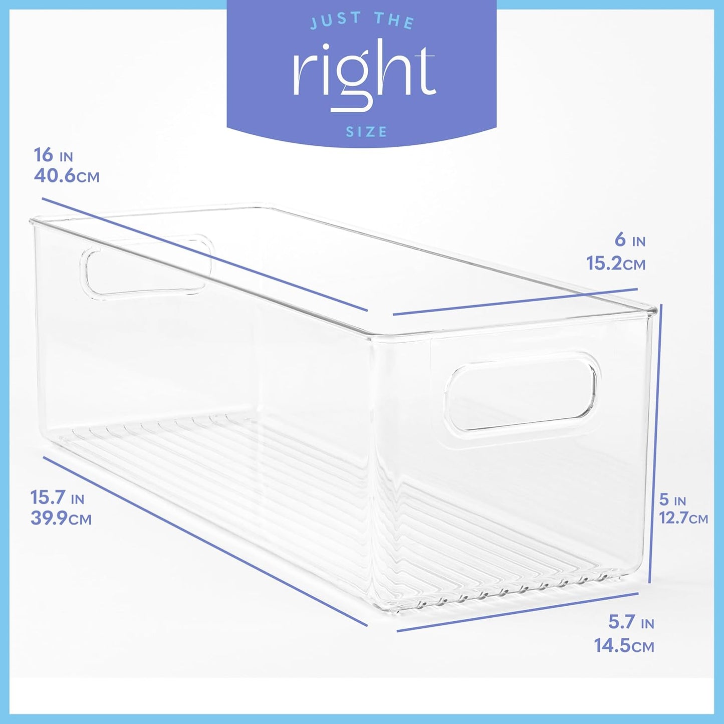 Plastic Food Storage 2 Pack Clear Container Bin with Handles for Organizing Kitchen, Pantry, Refrigerator, Freezer, Pantry, Cabinet, Closet, Bathroom. 16”x6”x5”