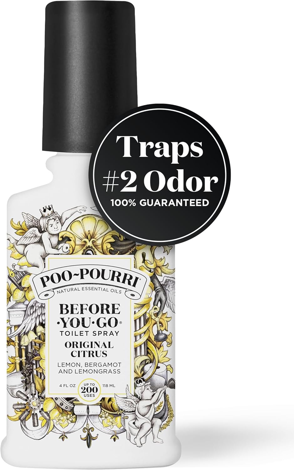 Poo-Pourri Before-You-Go Toilet Spray, Original Citrus, 4 Fl Oz, Up to 200 Uses, Bathroom Odor Deodorizer, Plant-Based with Essential Oils, for Home or Work, Lemon, Bergamot and Lemongrass Scent