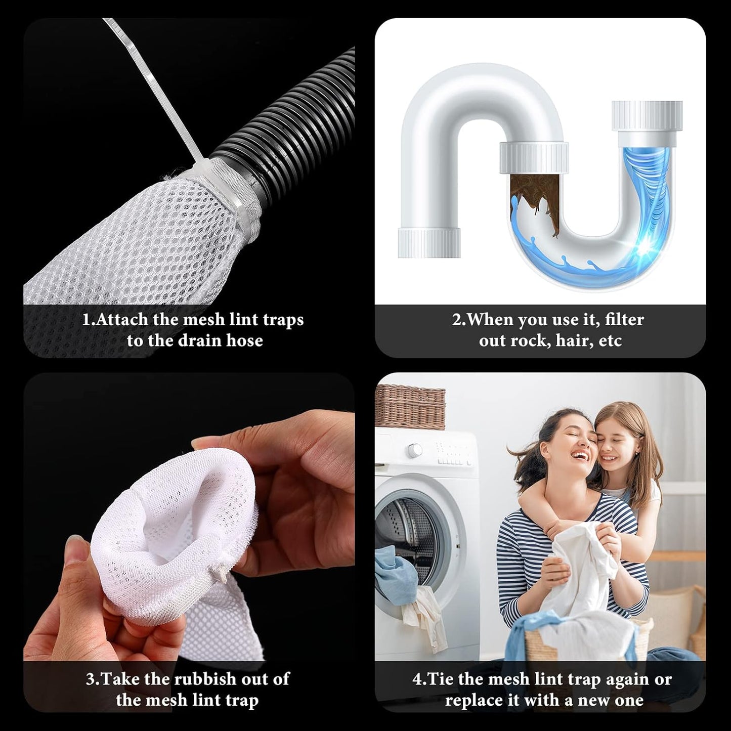 LEIFIDE 10 Pieces Lint Traps for Washing Machine Hose and Cable Ties Set Laundry Lint Catcher Nylon Mesh Trap for Washer Hose Fits Most Washing Machines, White