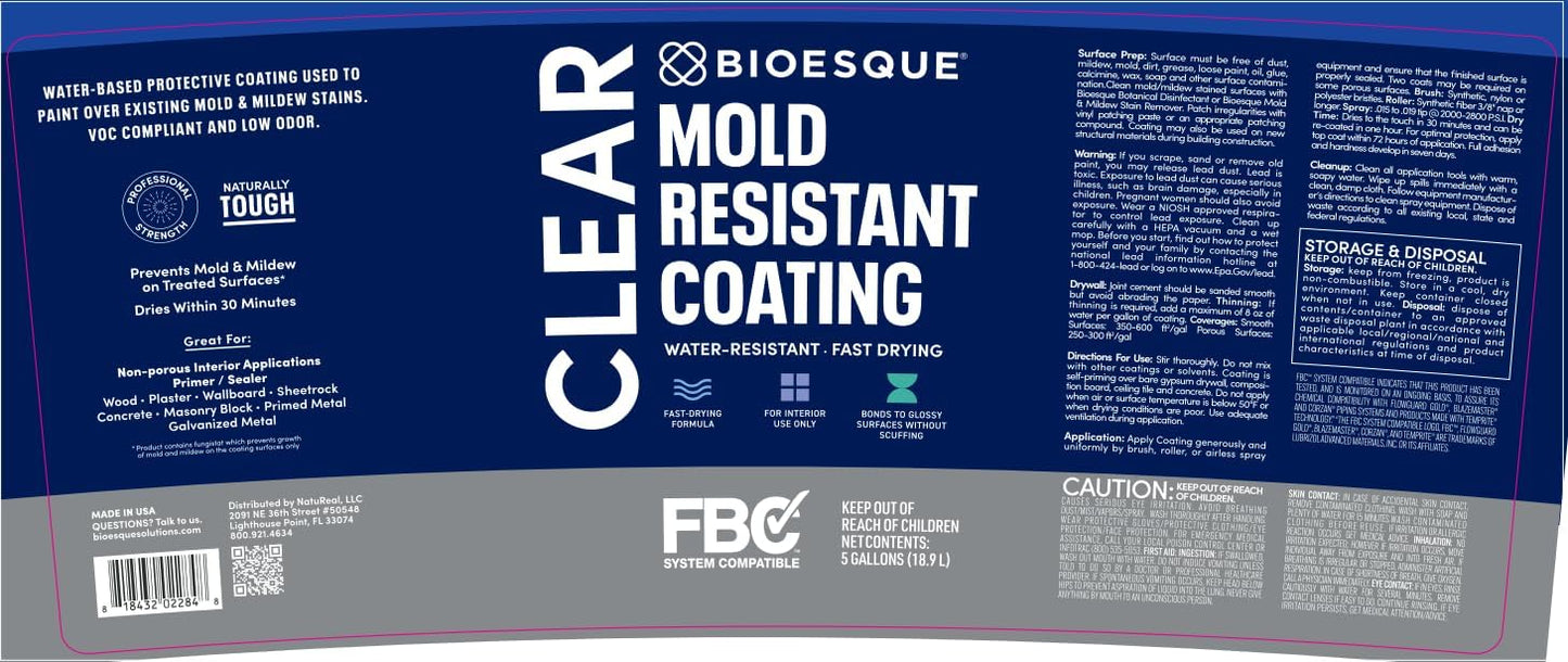 Bioesque Mold Resistant Coating, Water-Resistant, Stain-Blocking, Fast-Drying Formula, Clear, 5 Gallon (Pack of 1)