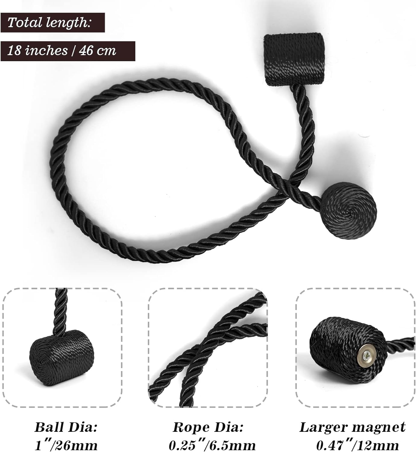 Hion Magnetic Curtain Tiebacks Black 6 Pack, Curtain Tiebacks Buckles Holdbacks Holders Hooks Clip for Home Bedroom Office Decorative Thick or Thin Curtain