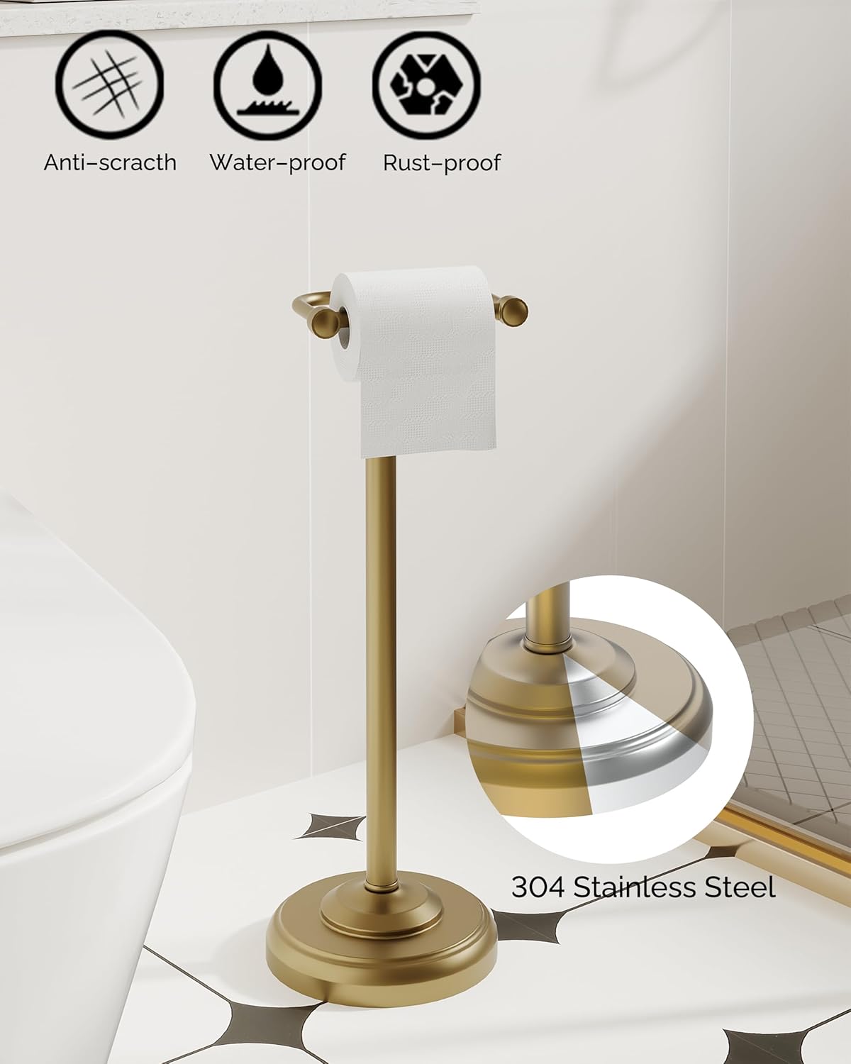 Toilet Paper Holder Stand, Brushed Brass Toilet Paper Holder Free Standing, Post Pivoting Design & Stable Weighted Base SUS304 Stainless Steel for Bathroom(Mega Roll)