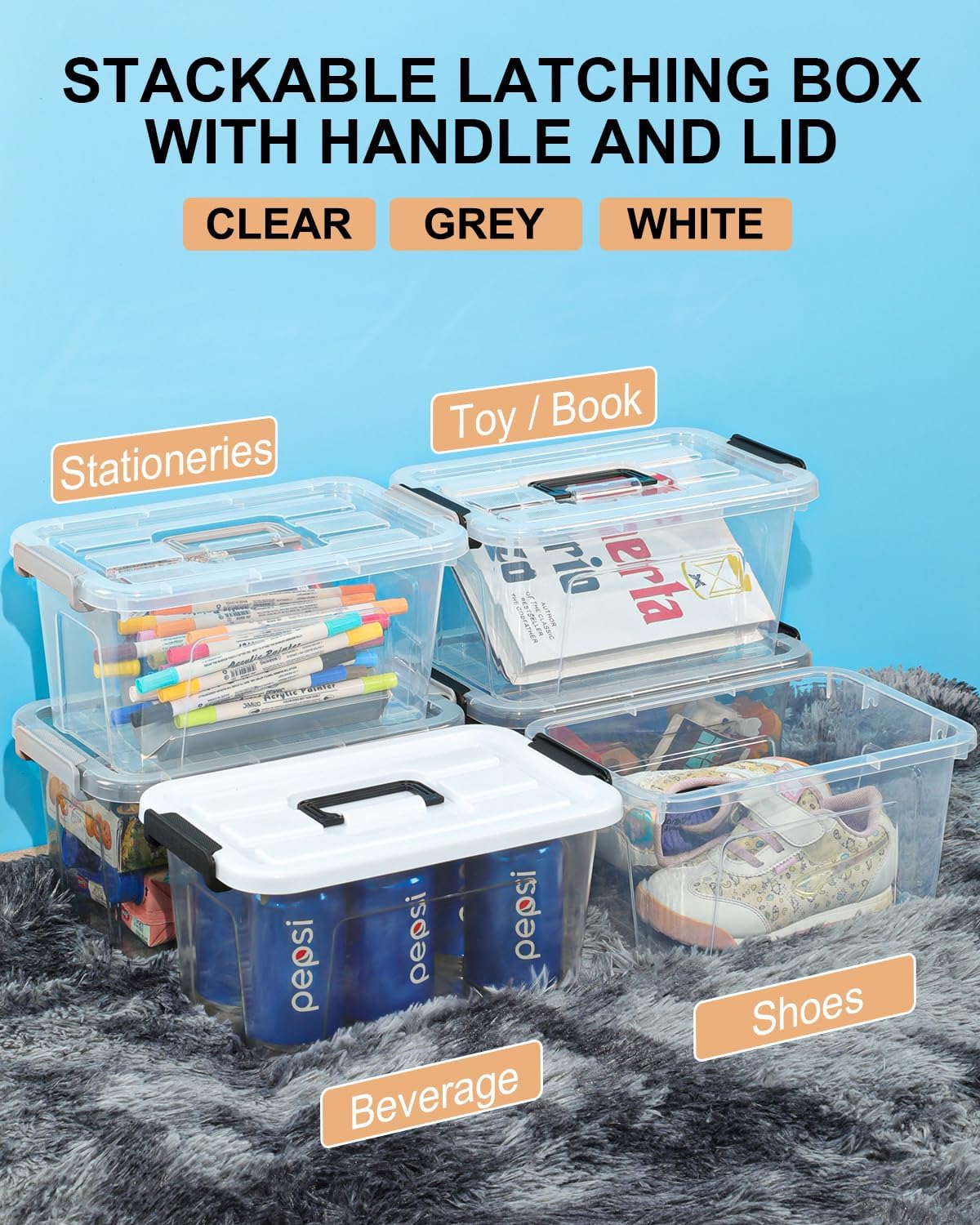 NUMIFUN Plastic Storage Bins with Lids 6 Pack Storage Organizer, 7 Quart Stackable Storage Bins with Buckle-Up Latches and Handle easy for Home Office Pantry Organization, Clear Lids