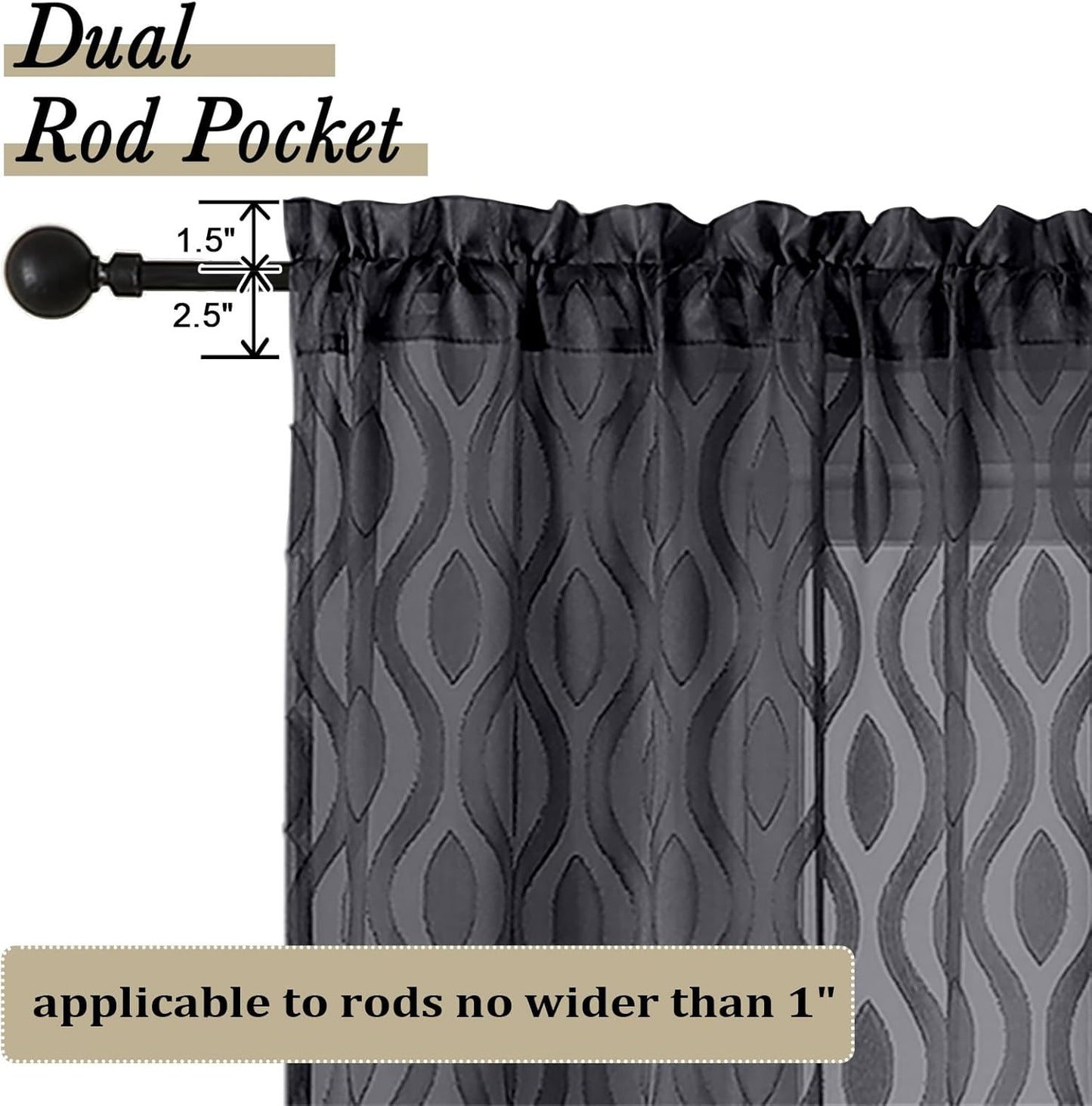 Aiyufeng Black Kitchen Curtains 14 Inch Length, Clip Jacquard Chic Wavy Line Black Valances for Windows, Lightweight Airy Rod Pocket Short Curtains for Bathroom Basement, 2 PCS, 40" Wx14 L Inches