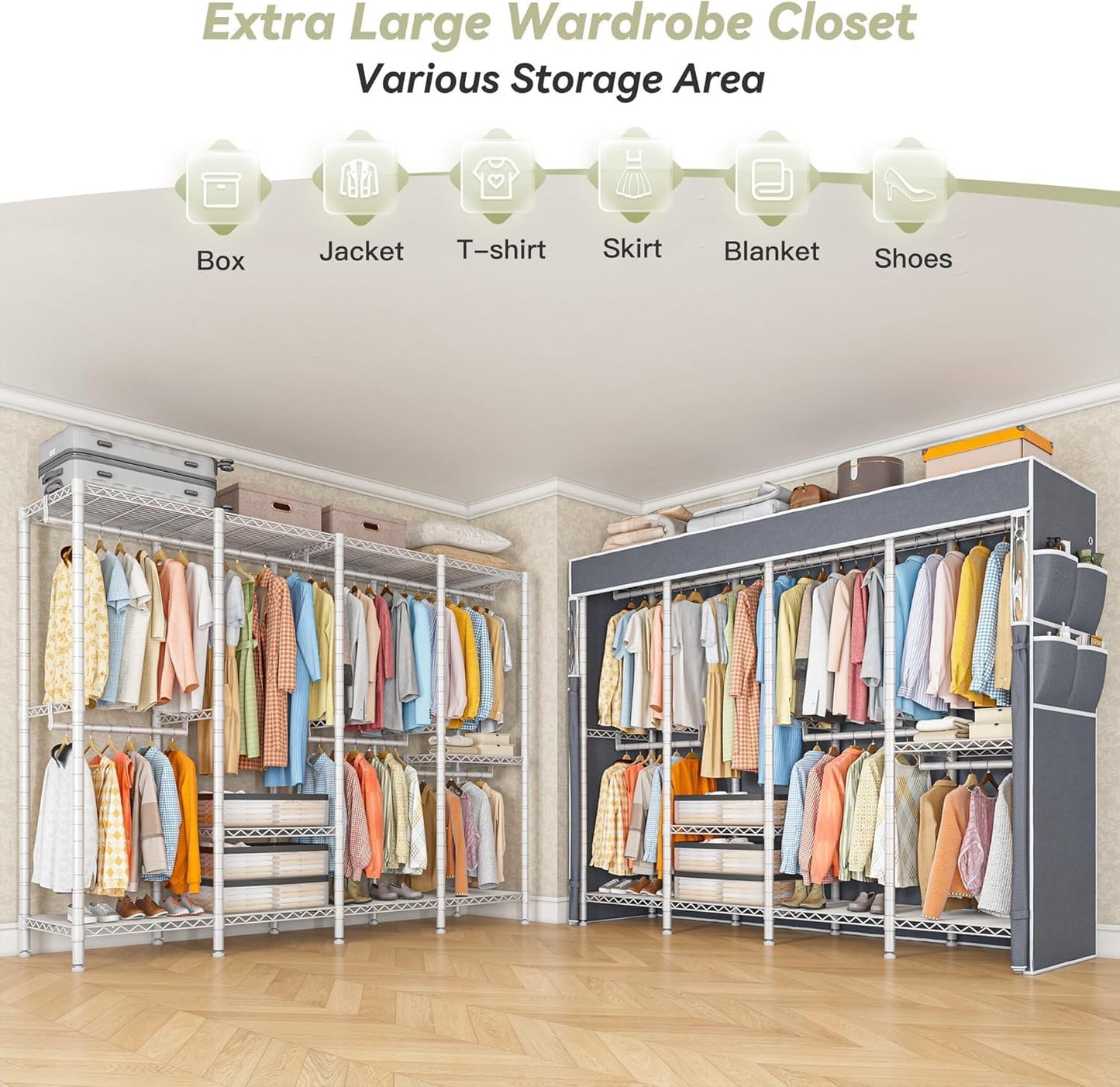 Raybee Clothes Rack with Cover,1150LBS Heavy Duty Clothing Rack for Hanging Clothes,Adjustable Portable,18" D x 76" W x 77" H,White