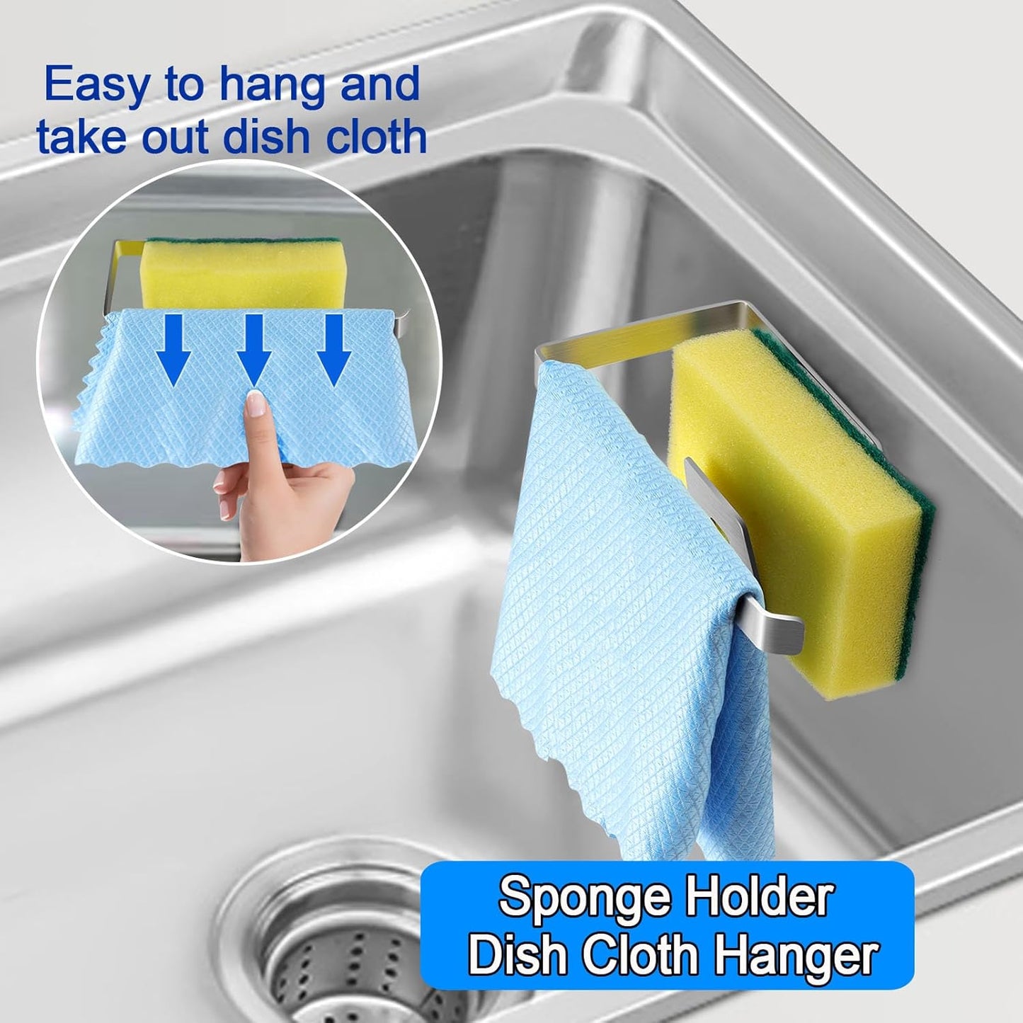 Sponge Holder for Kitchen Sink, Kitchen Sink Caddy, 2 in 1 Kitchen Sink Organizer Sponge Caddy, Adhesive Hanging, Suitable for Kitchen Brush, Dish Rag, Sponge, Gloves, 304 Stainless Steel