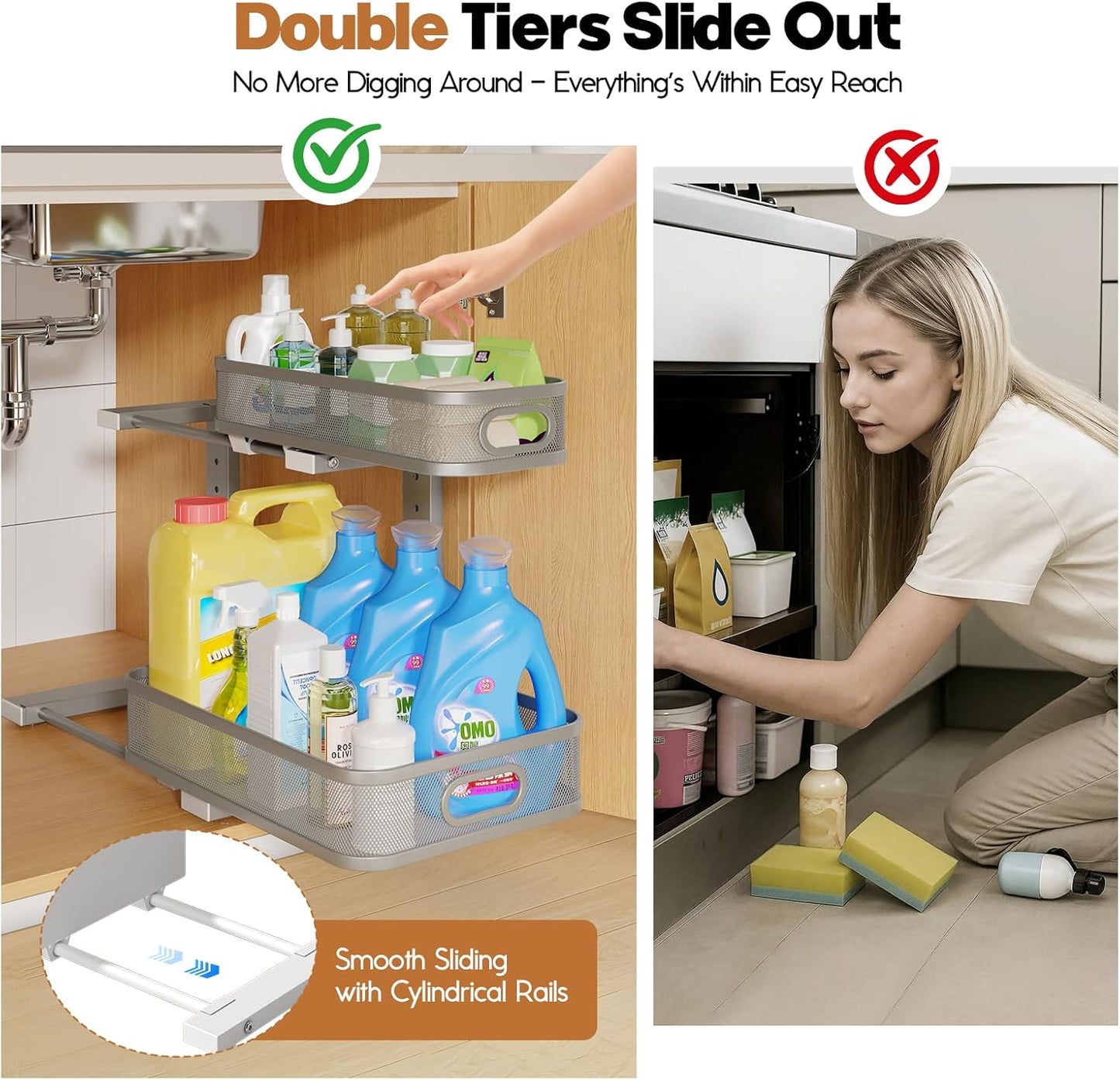 2 Pack 17.3IN-Depth Under Sink Organizer with Smooth Cylindrical Rail,2-Tier Pull Out Multi-Purpose Cabinet Storage for Bathroom&Kitchen,Height Adjustable,Rust-Resistant Coating-Gun Gray