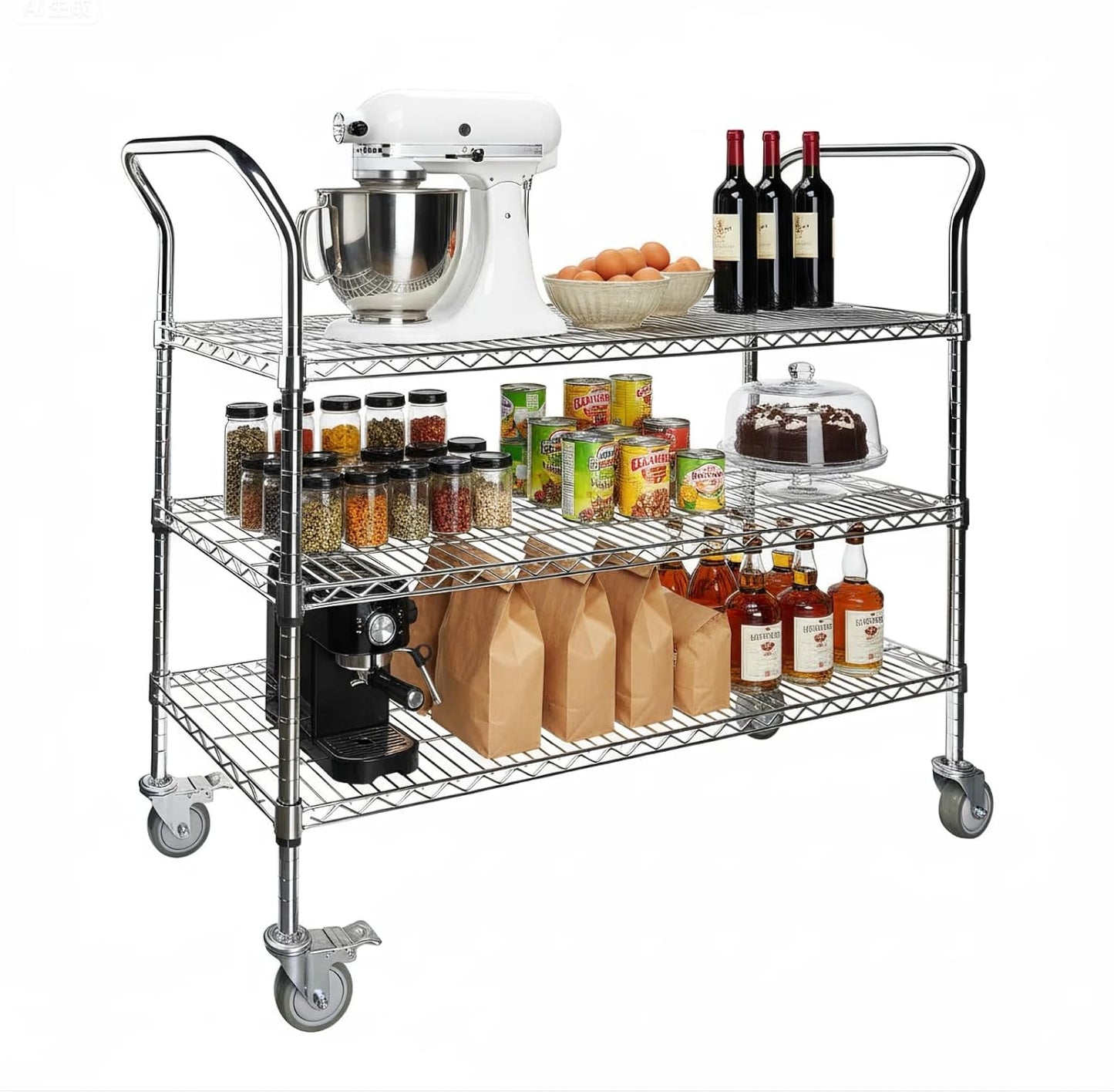 Northsky 3-Shelf Wire Utility Cart on Wheels, Chrome Finish Rolling Metal Shelving with Wheels, 550lb Capacity, 47" x 18" x 44.1", 3 Tier Rolling Cart for Kitchen Bar Storage Use