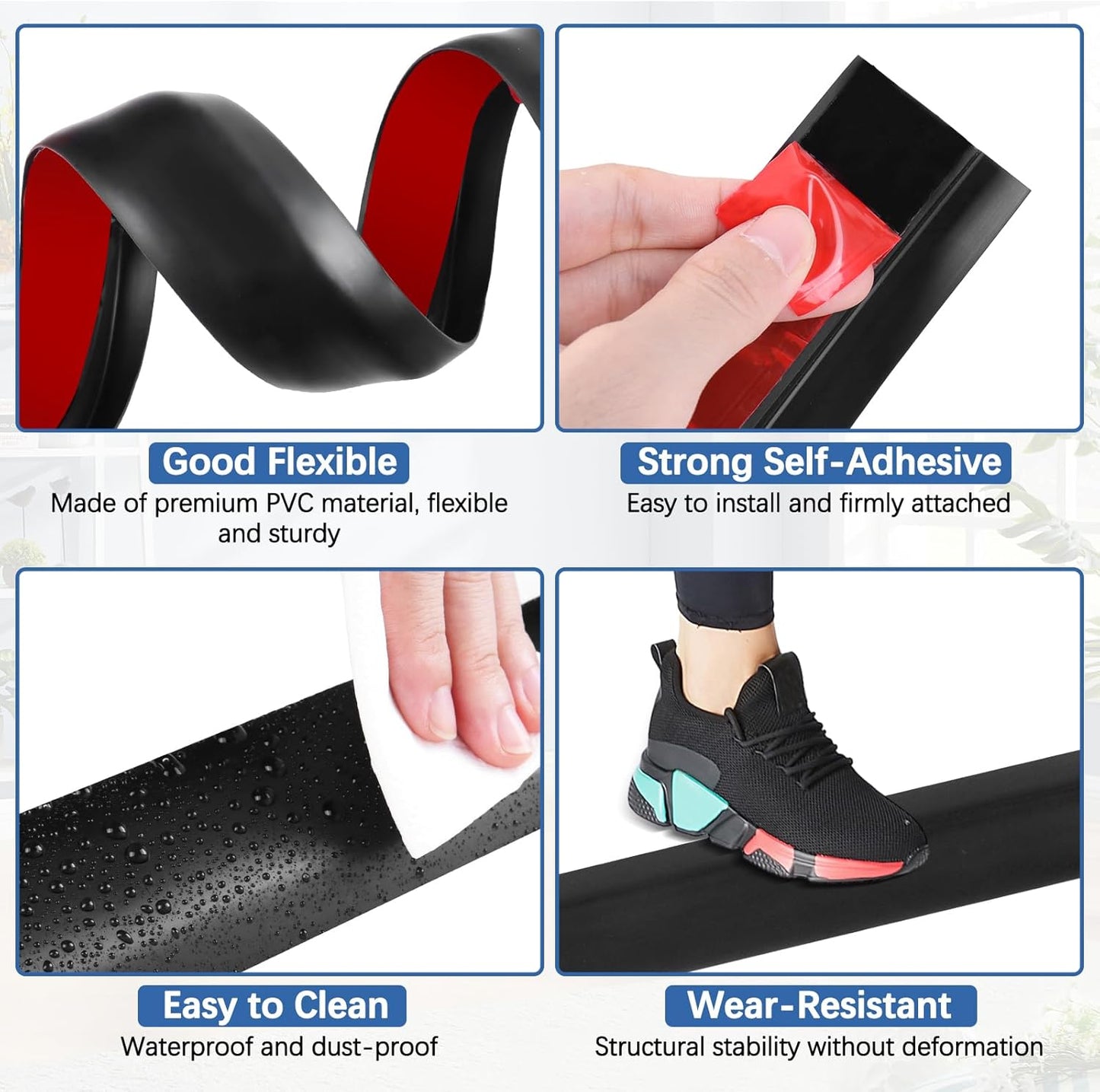 Vinyl Door Threshold Flooring Transition Strip Self Adhesive Carpet Edging Strip for Laminate Doorway Edge Threshold from 1/5" to 2/5" (Black, 10 Ft)