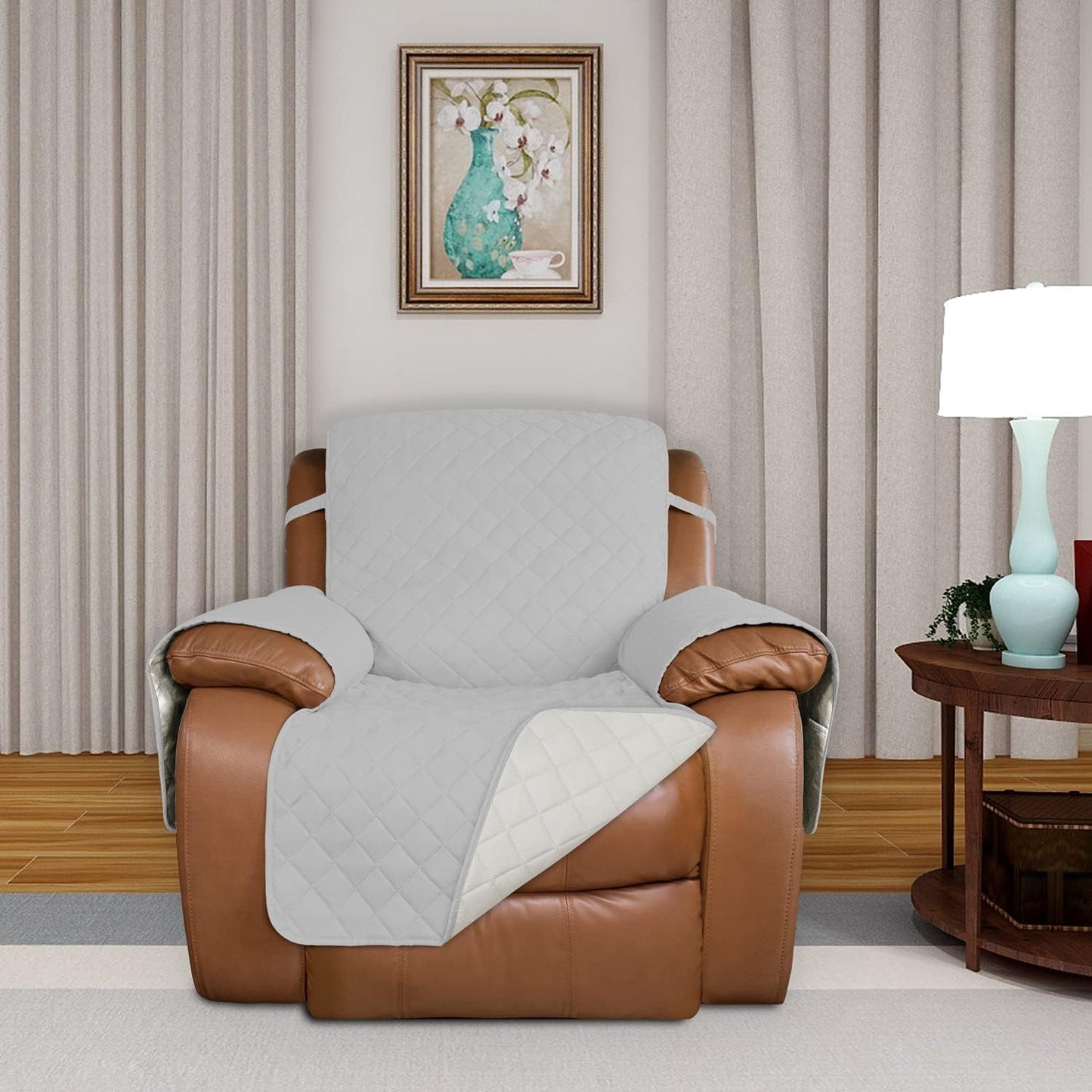 PureFit Reversible Quilted Sofa Cover, Water Resistant Slipcover Furniture Protector, Washable Couch Cover with Non Slip and Elastic Straps for Kids, Dogs (Oversized Recliner, Light Gray/Ivory)