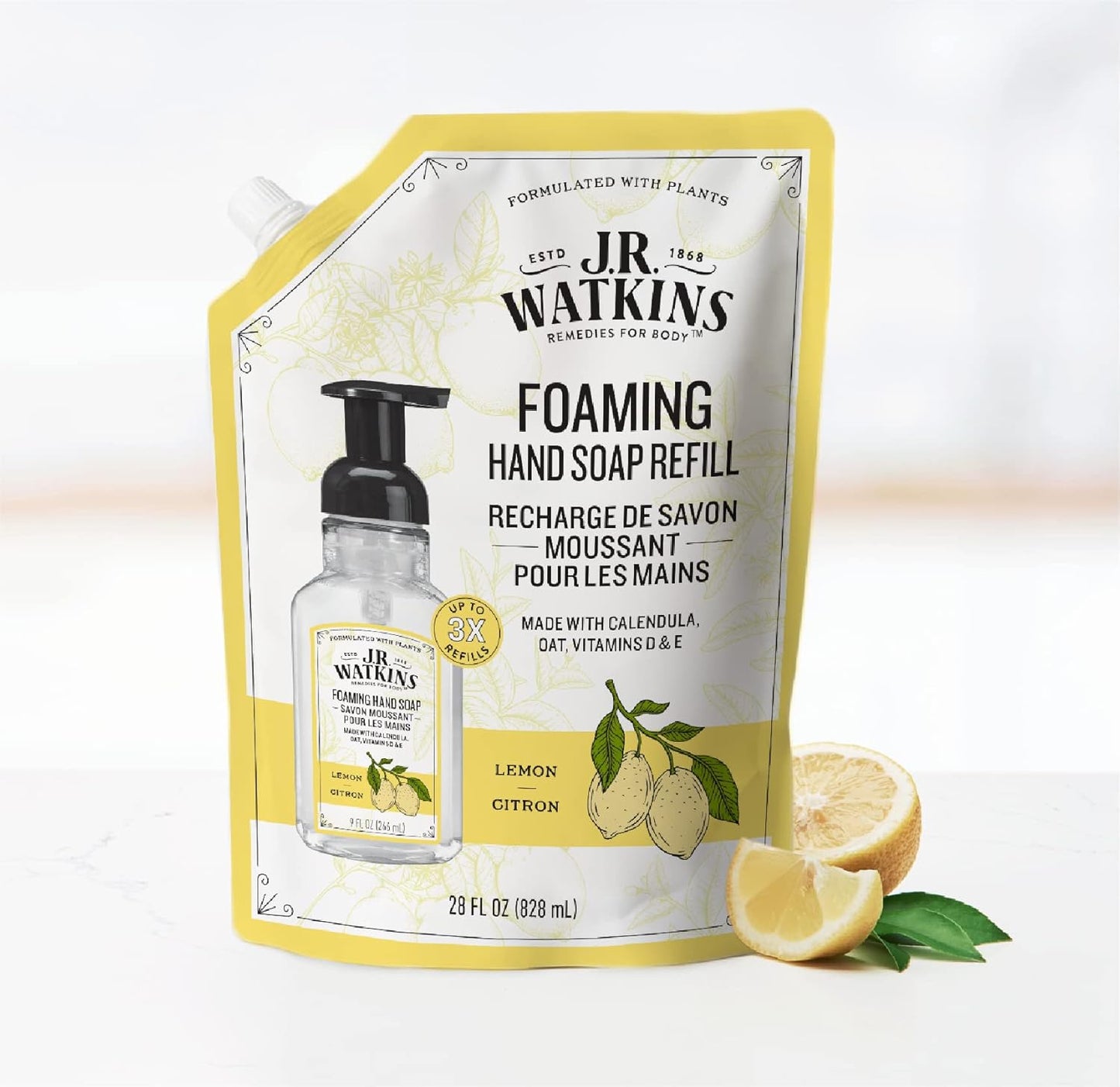 J.R. Watkins Foaming Hand Soap Refills, , Alcohol-Free Hand Wash, Cruelty-Free, , Moisturizing Hand Soap Refill for Bathroom or Kitchen, Lemon 28 fl oz Foam Soap Refill, 6 Pack