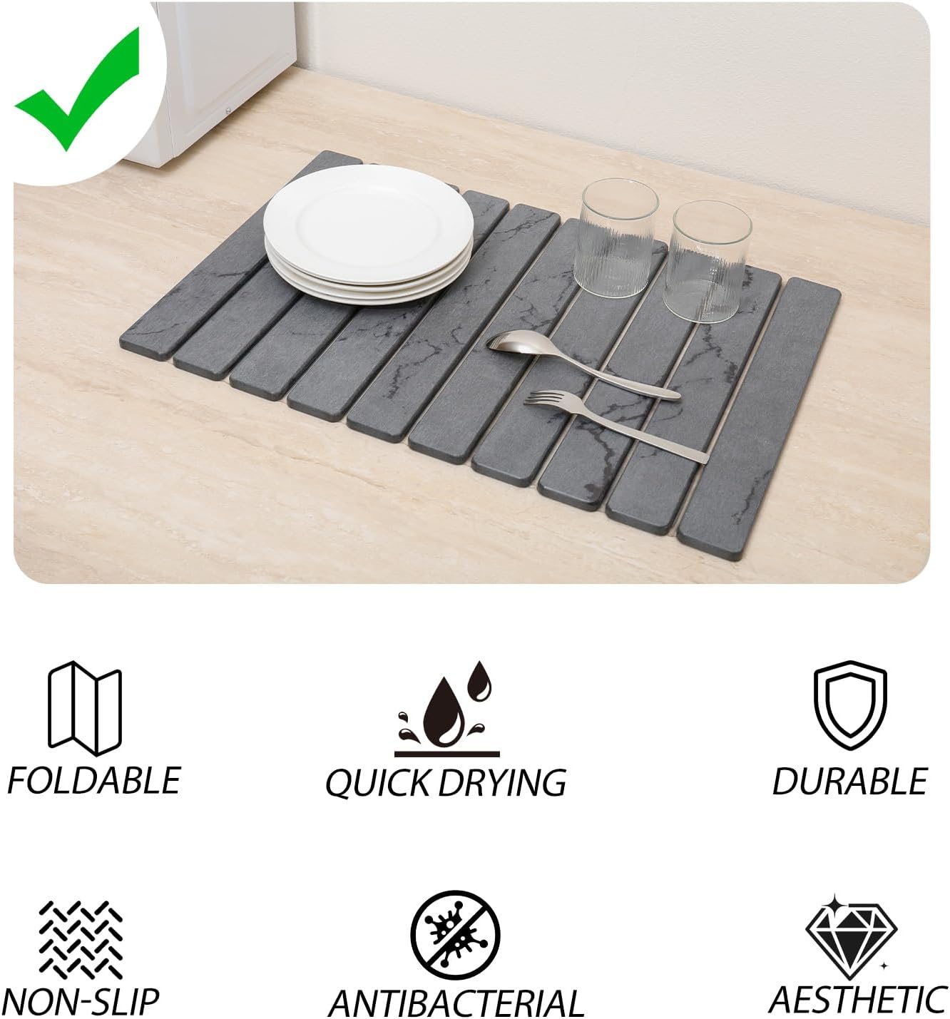 Stone Drying Mat for Kitchen Counter 24"×16" ,Large Dish Drying Mat with Drainage Grooves, Non-Slip Silicone Drying Mat, Absorbent Counter Protector for Dishes, Utensils