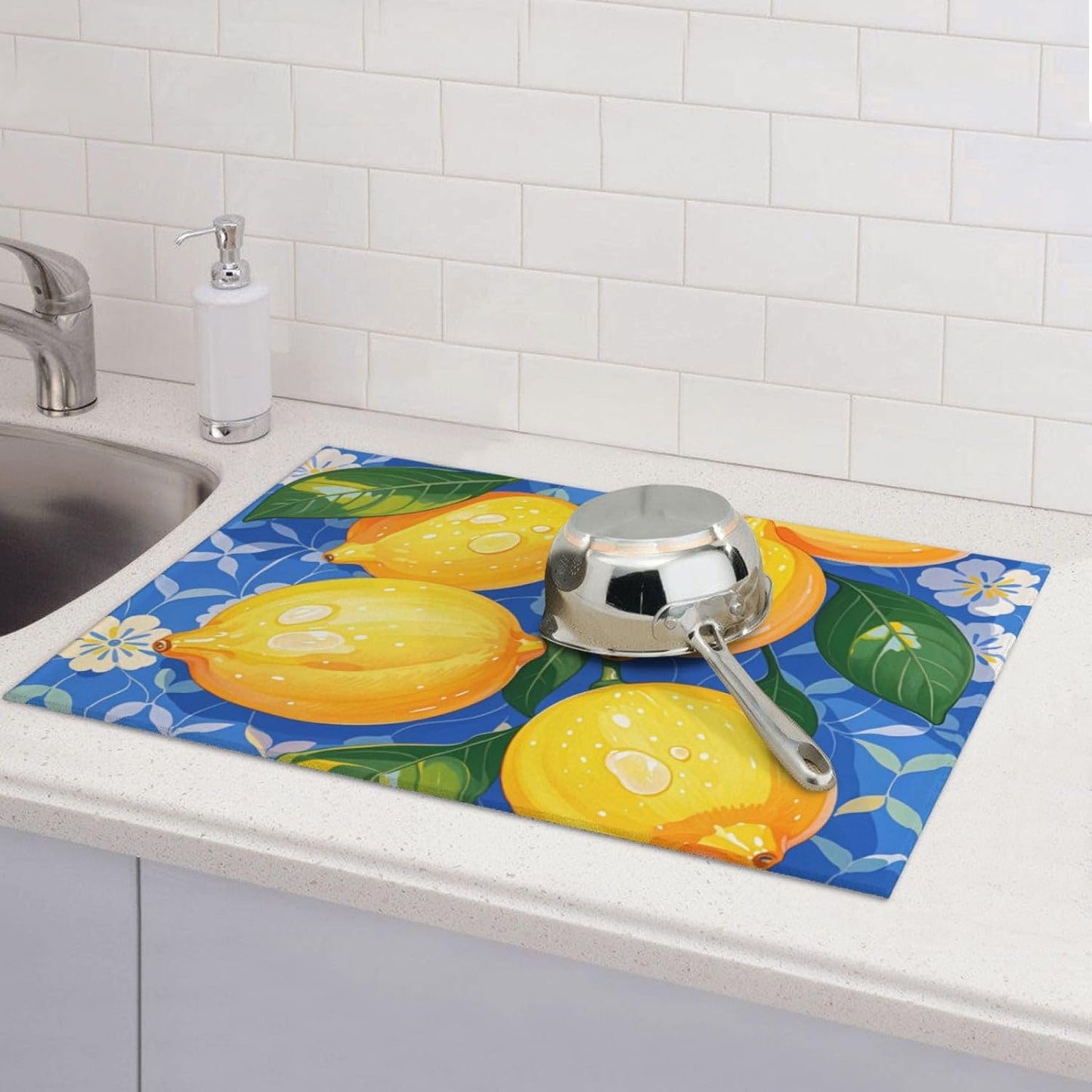 lemon Dish Drying Mat Highly Absorbent Double-Sided Microfiber with Hanging Loop Reversible Drain Dish Rack Mat Drain Mat Suitable for Kitchen Countertop Coffee Bar 18 x 24 Inch