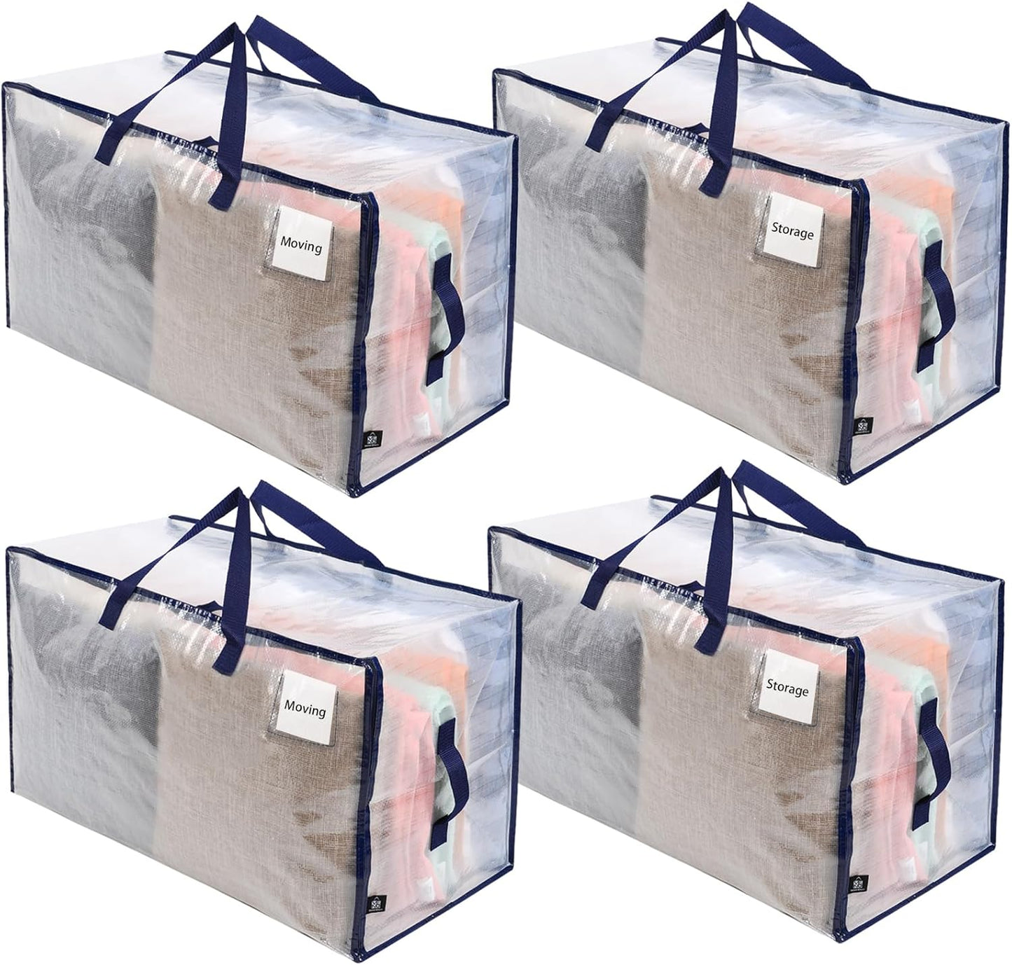 VENO 4 Pack Moving and Storage Bags, Heavy Duty, Alternative to Moving Boxes, Large Packing Totes Supplies for College Dorm Room with Zipper for Clothes, Wide Open Design (Clear, 4 Pack)