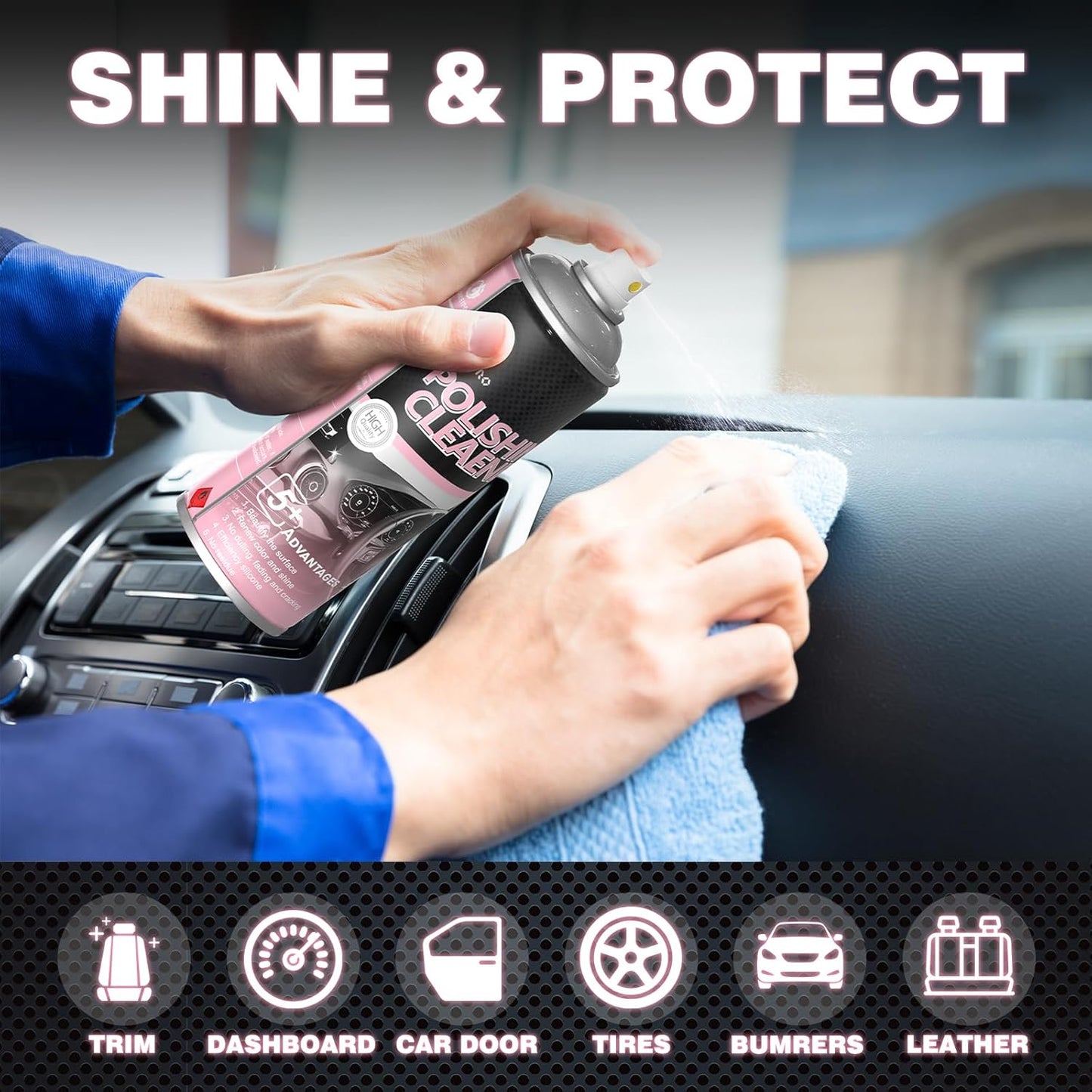 Interior Cleaner and Protectant, 15 Fl Oz Polishing Cleaner Car Interior Spray - Repels Dust & Staining, Restores & Protects Plastic, Vinyl, Leather Seats, Carpet - UV Guard, Anti-Aging