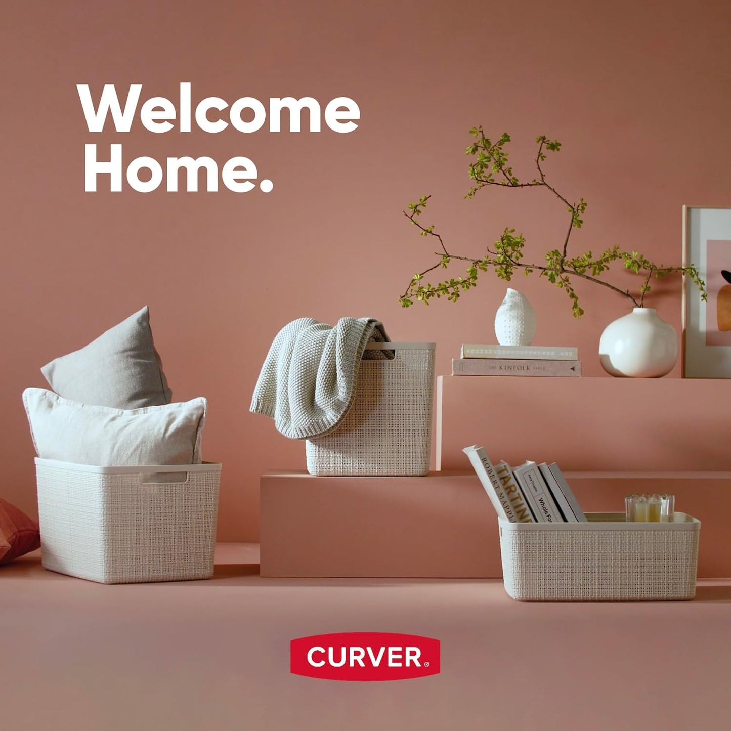 Curver Set of 6 Jute Medium Decorative Plastic Organization and Storage Baskets, Perfect Bins for Home Office, Closet Shelves, Kitchen Pantry and All Bedroom Essentials, Black