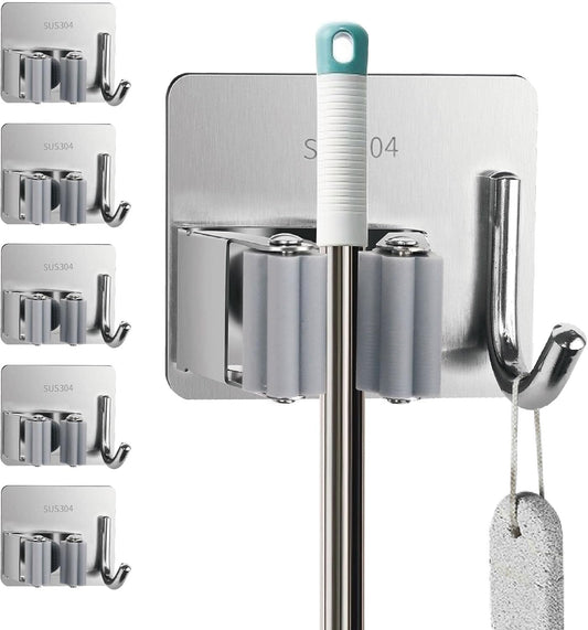 5 Pack Mop and Broom Holder Wall Mount, Silver Stainless Steel Mop and Broom Hanger with Hooks, Mop Broom Organizer for Closet Laundry Garage Garden Tool Organizer