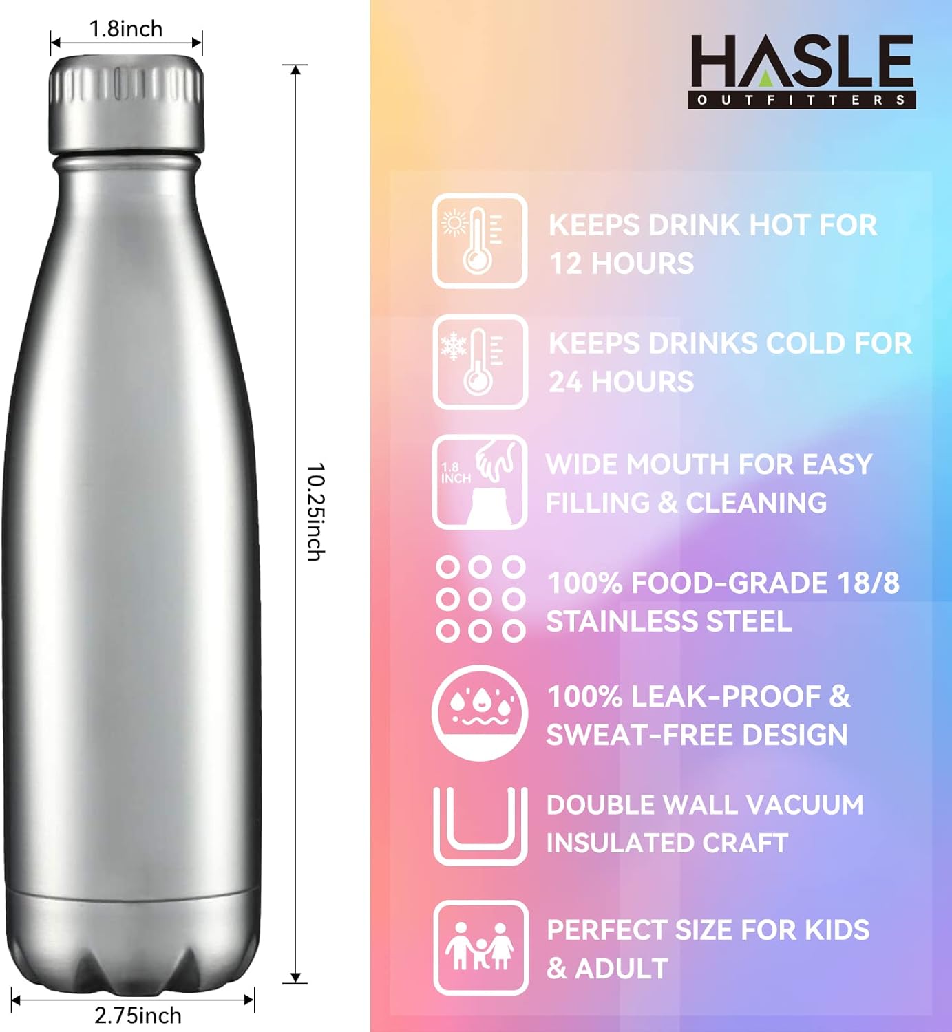 HASLE OUTFITTERS 17oz Stainless Steel Water Bottles Bulk, Vacuum Insulated Water Bottles Double Walled Reusable Metal Sports Water Bottles Keep Drinks Hot and Cold, Stainless, 8Packs