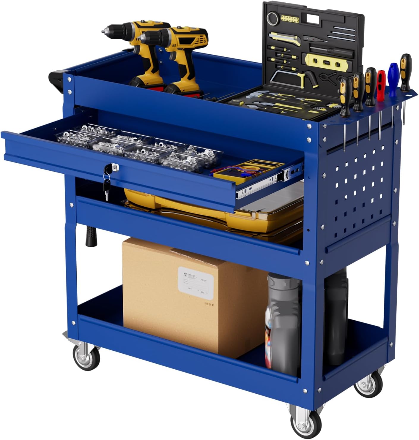3-Tier Rolling Tool Cart with Drawers, Heavy Duty Utility Storage Cart with pegboard, Lockable Metal Tool Chest on Wheels for Garage, Warehouse & Repair Shop