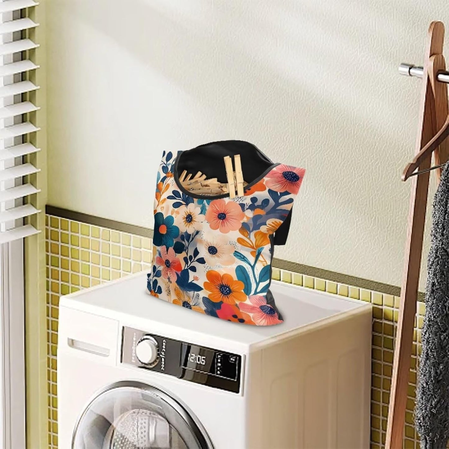 Colorful Gorgeous Flowers Rotatable Clothespin Storage Bag - Large Opening Waterproof Organizer for Laundry Room, Garden and Clothesline Hanging