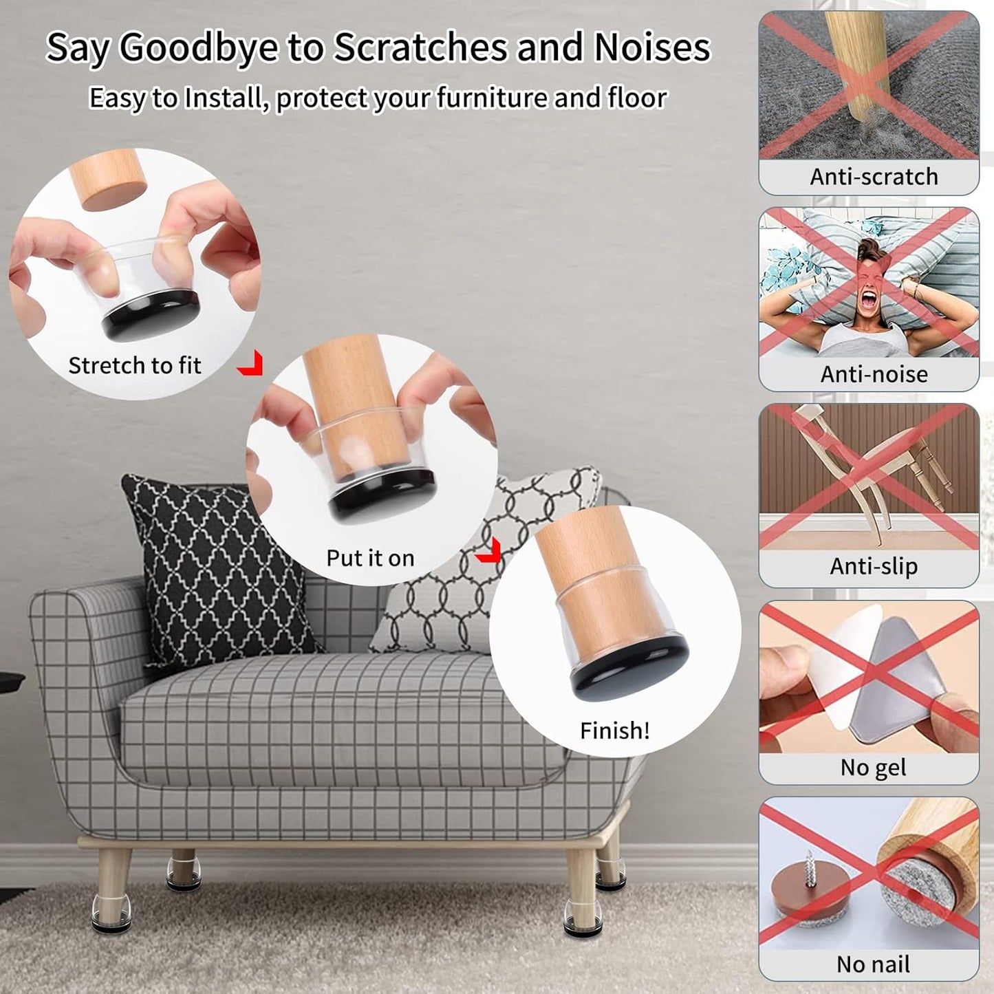 Ezprotekt 8 Pcs Large Clear Chair Leg Sliders for Carpet, Round Chair Glides for Rug, Teflon Furniture Pad Bar Stool Leg Protectors Caps - for Table, Couch, Desk Legs (XL Fit: 1-2/5" to 1-13/20")