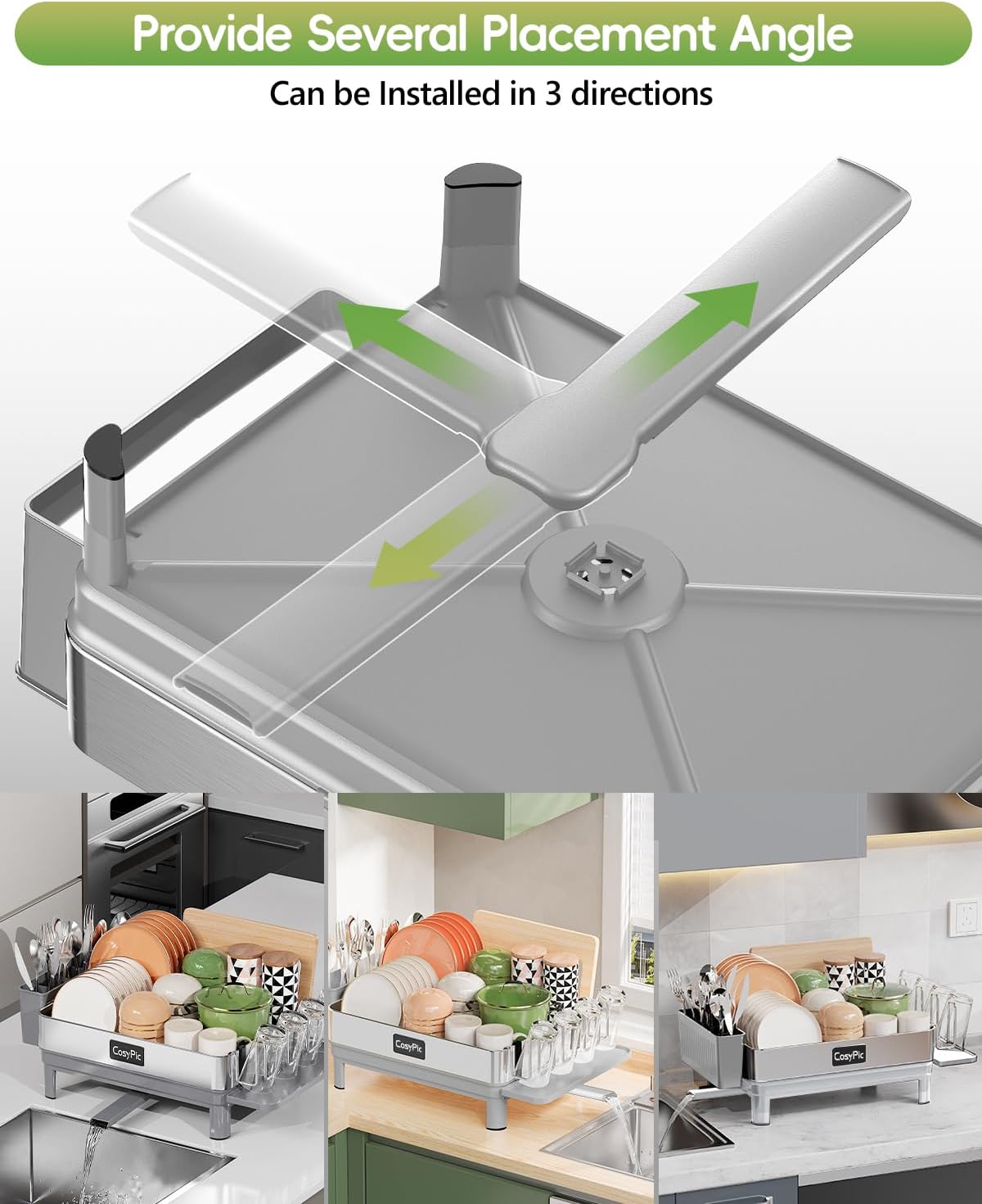 Dish Racks, Thicker Premium 304 Stainless Steel Dish Drying Rack for Kitchen Counter, Automatic Drainage Spout, Dish Drainer & Drainboard Set with Utensil Holder and Cup Holder, Grey