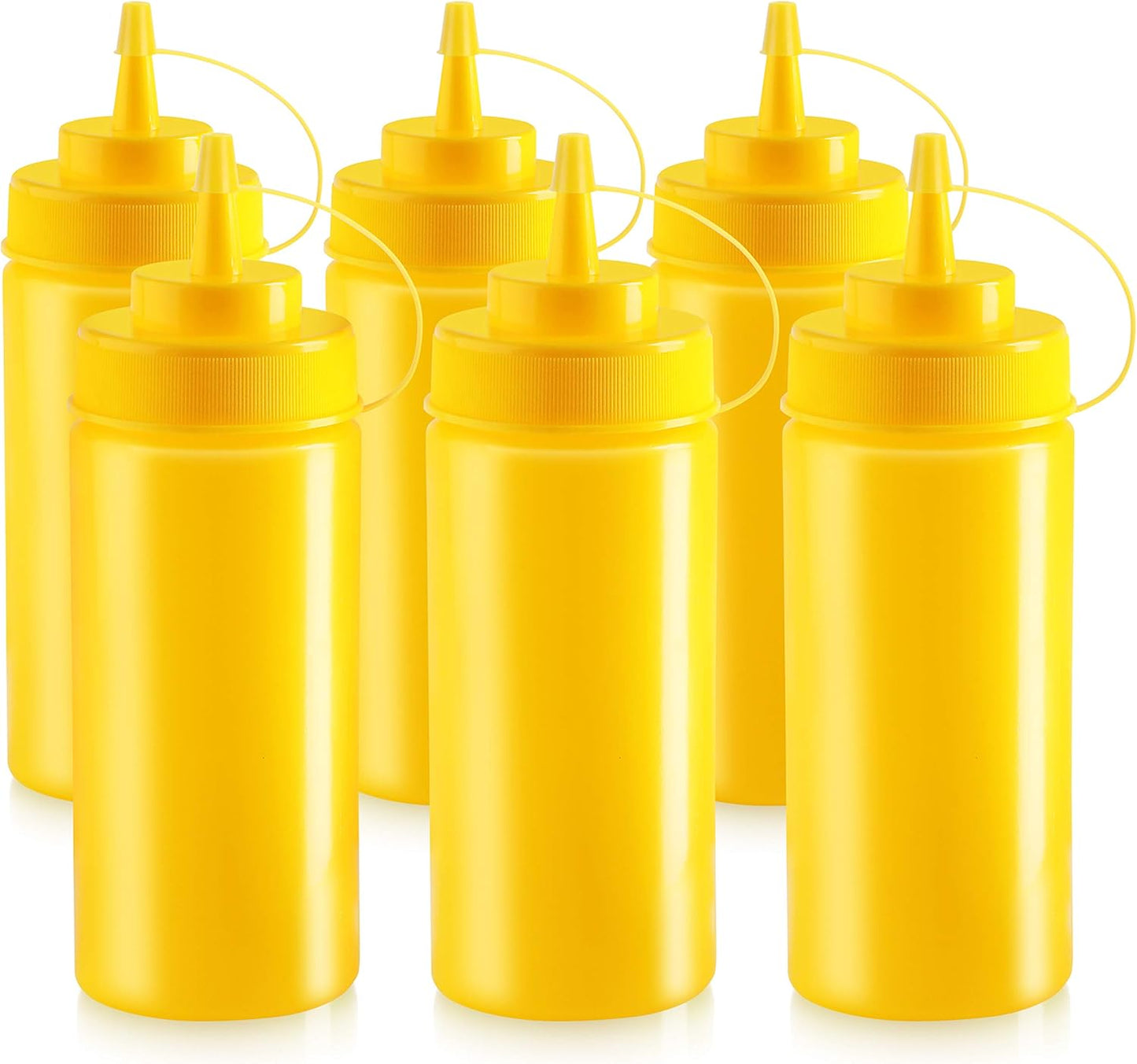 New Star Foodservice 26528 Plastic Squeeze Bottles with Cap and Scale, Wide Mouth, 16 oz, Yellow, Pack of 6