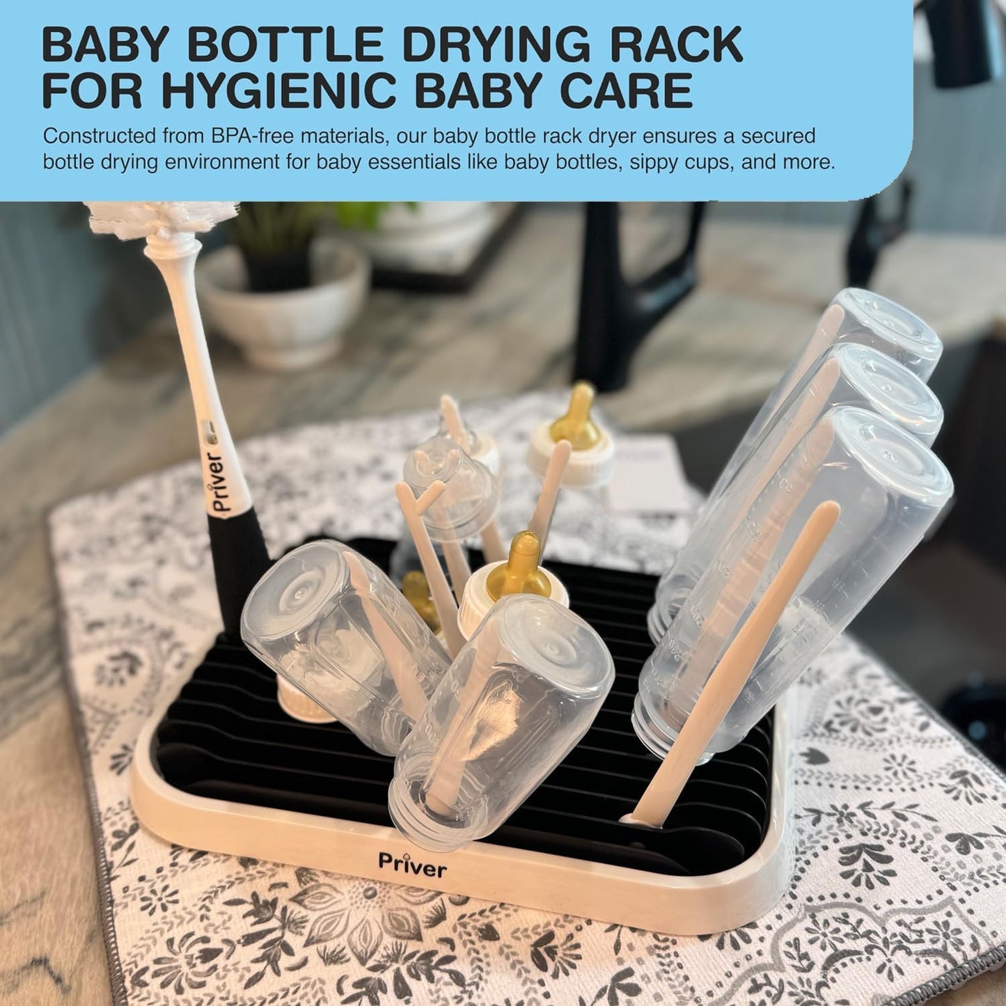 Priver - Baby Bottle Drying Rack with Tray - Space-Saving Drying Rack for Baby Bottles, Cups, Pump Parts - High Capacity Bottle Dryer - Travel Essentials - Newborn Essentials Must-Haves, White