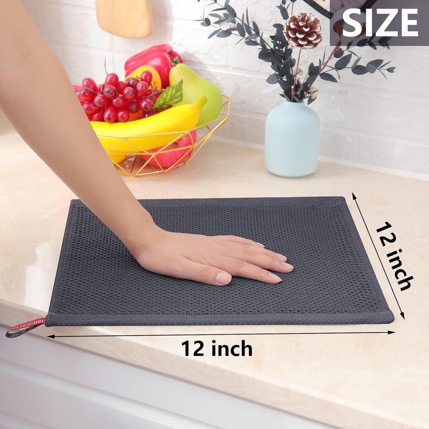Homaxy 100% Cotton Waffle Weave Kitchen Dish Cloths, Ultra Soft Absorbent Quick Drying Dish Towels, 12 x 12 Inches, 12-Pack, Dark Grey