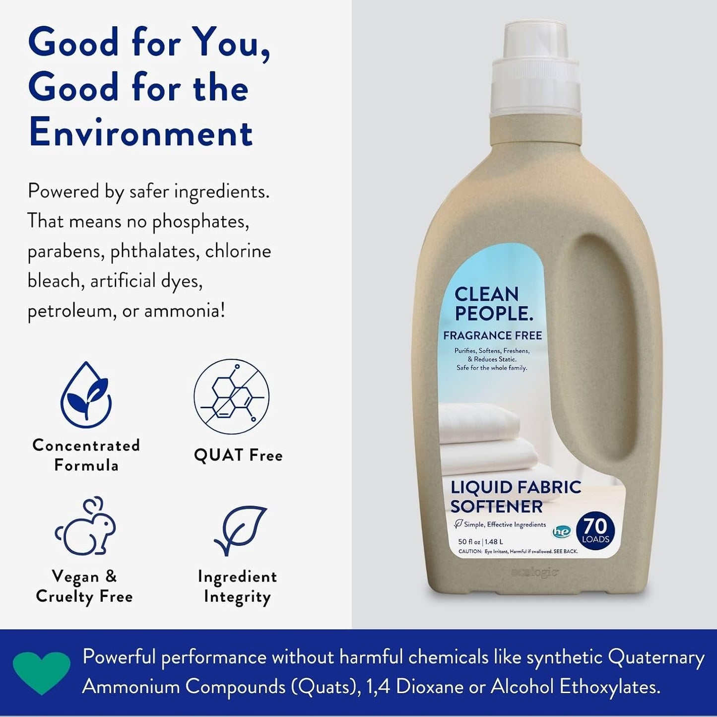 The Clean People Liquid Fabric Softener - Softens & Removes Static Cling - Vegan (50 Fl Oz, Fragrance Free)