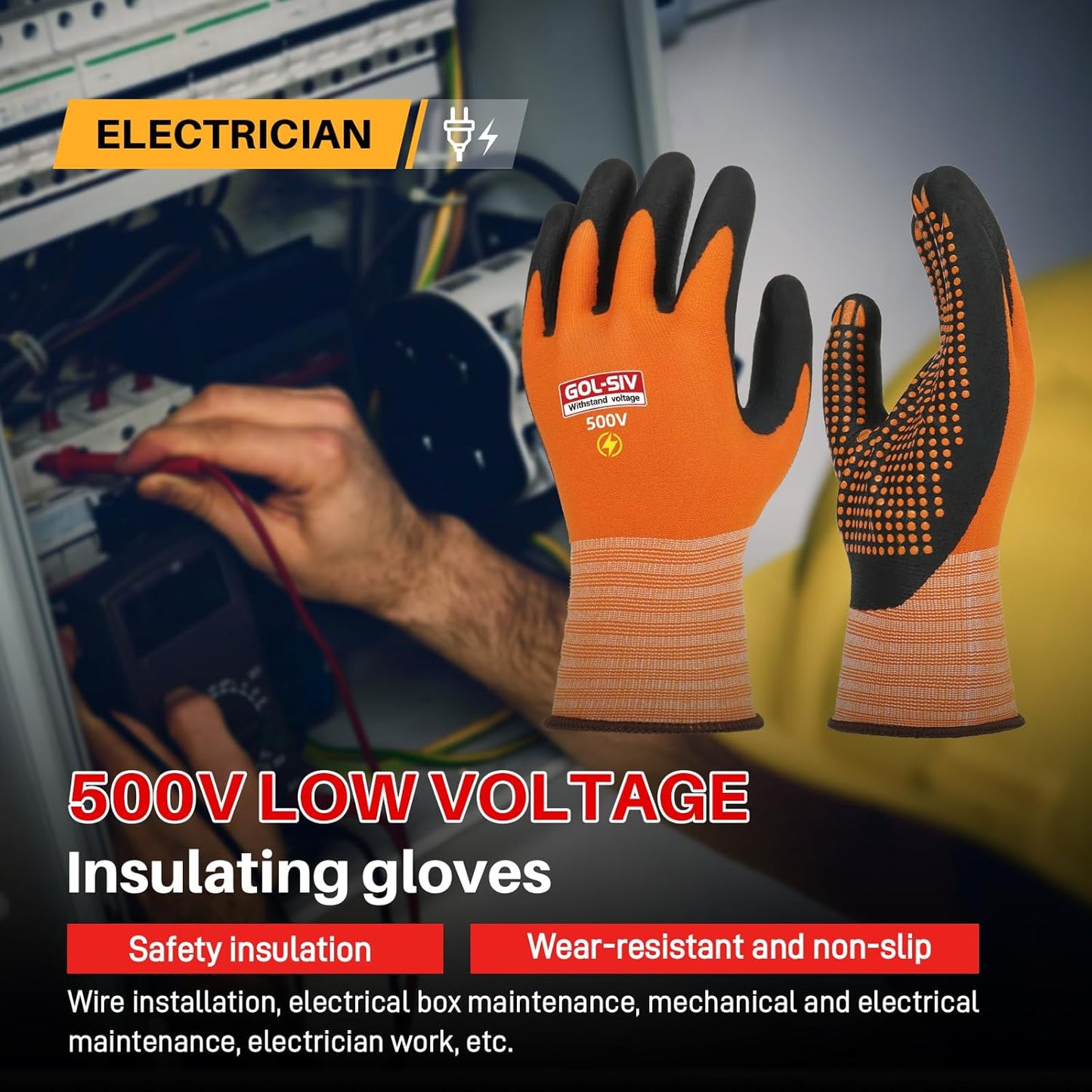 Electrical Insulated Gloves, 500V High Voltage Resistance Electrician Safety Gloves, Rubber Non Slip Work Gloves (500V|nylon insulated, Large)