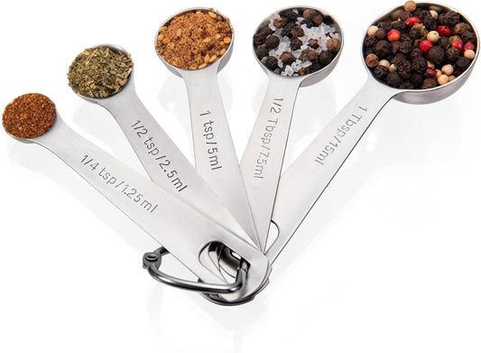 Doosu Measuring Spoons Set of 5-18/8 Stainless Steel Heavy Duty Teaspoons Tablespoons with Engraved Metric & US Measurements, Metal Measure Spoon for Dry and Liquid Ingredients, Dishwasher Safe