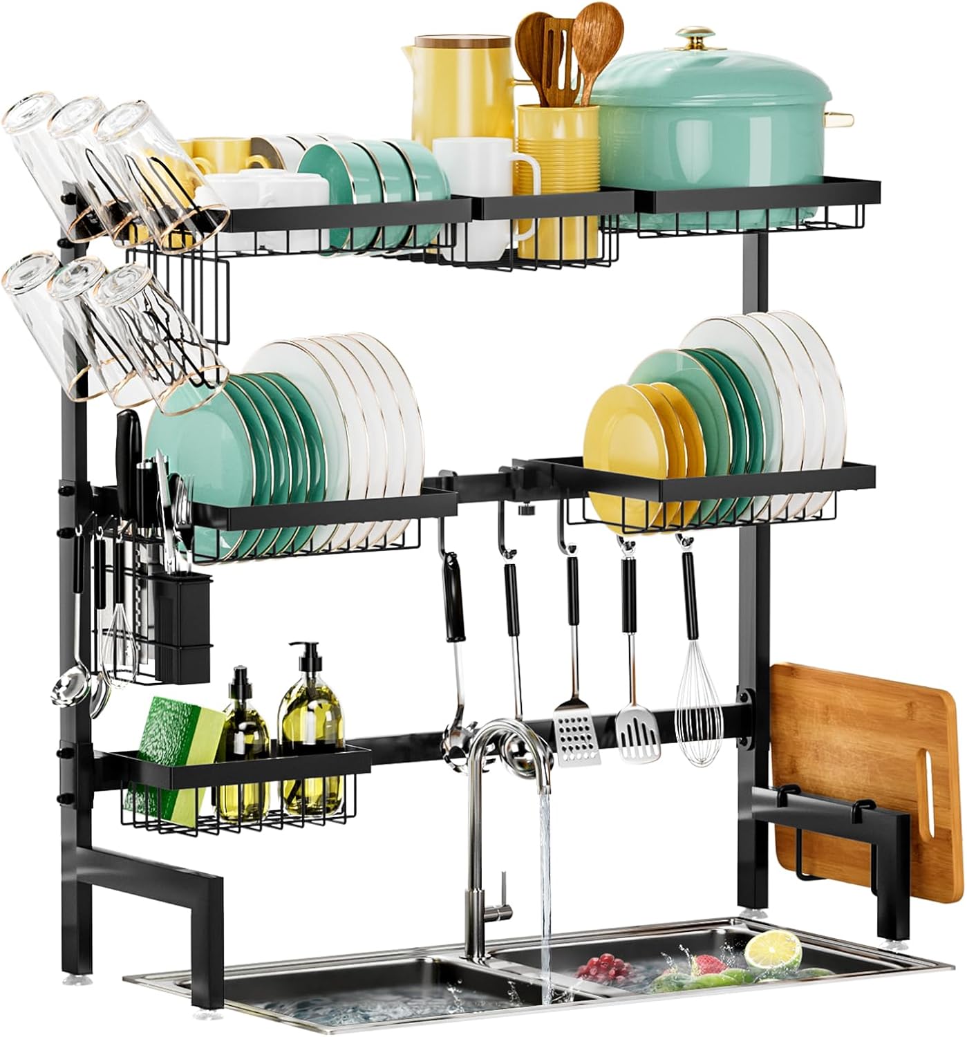 Over The Sink Dish Drying Rack,Expandable Length 3-Tier Large Stainless Steel Over The Sink Dish Rack with 6 Baskets, Utensil Holder Dish Drainers for Kitchen Counter