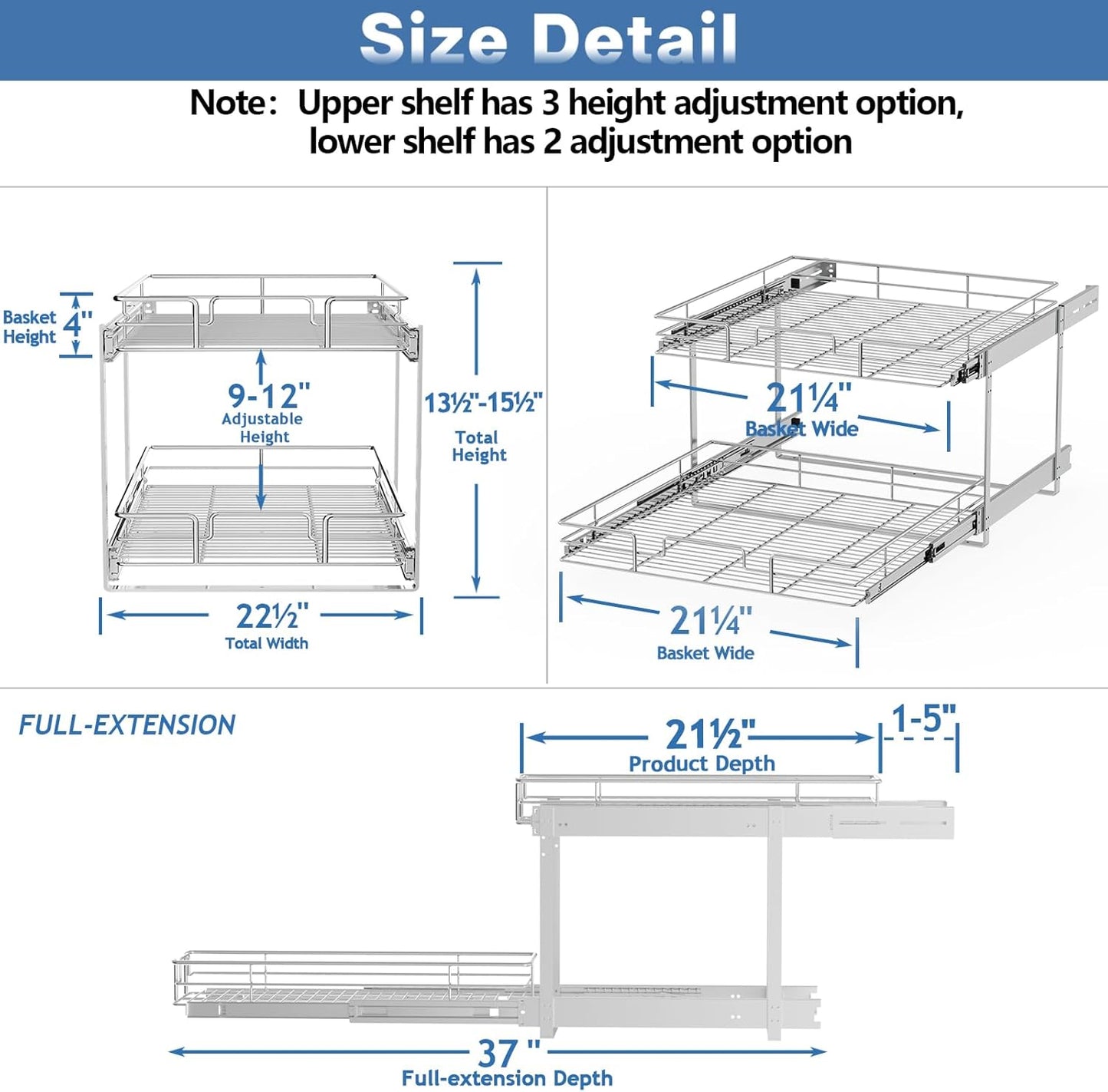 2 Tier Individual Pull Out Cabinet Organizer 22½" W x 21½" D, Heavy Duty Cabinet Pull Out Shelves, Slide Out Drawers Organization for Kitchen Cabinets Bathroom