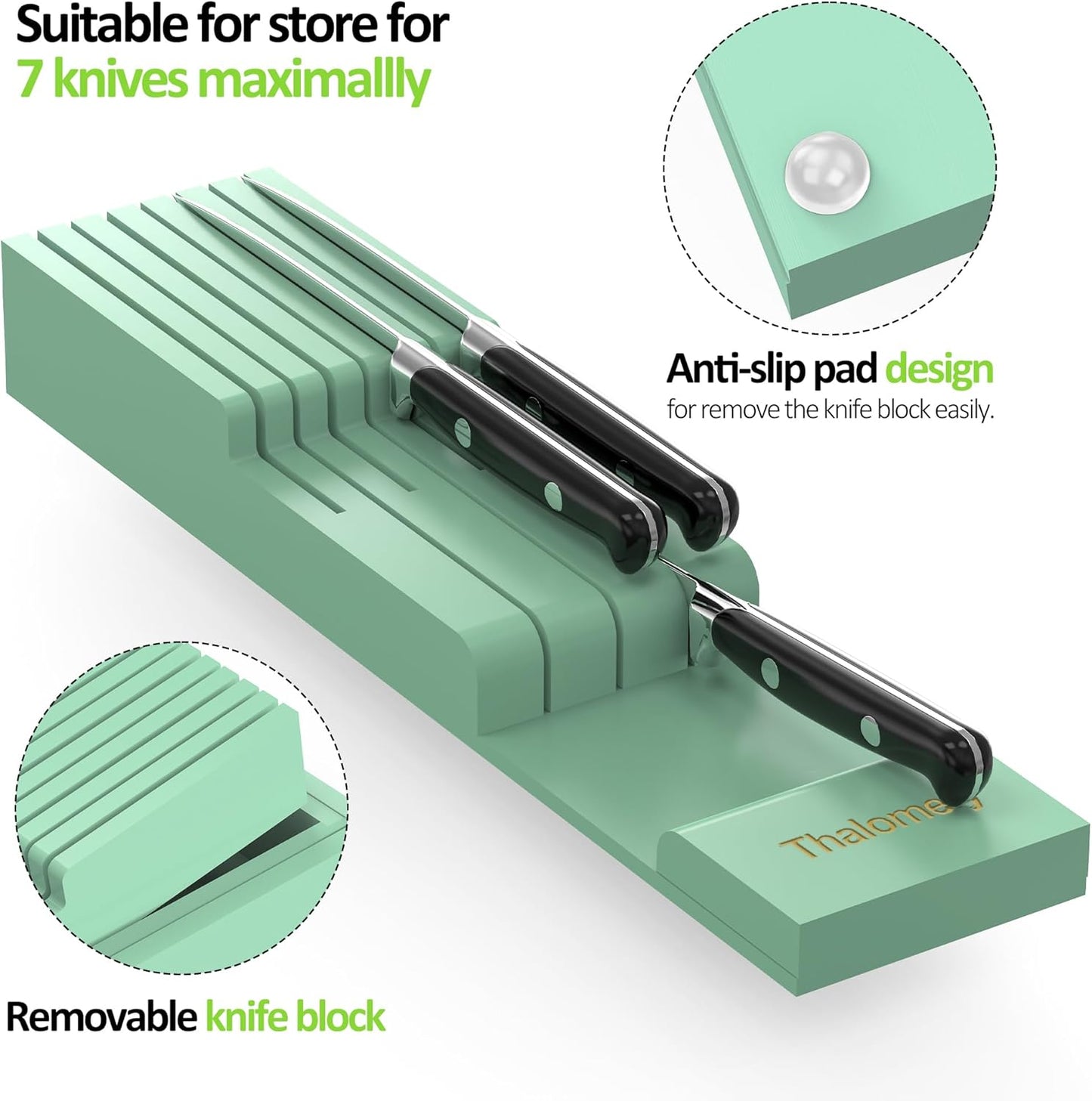 Bamboo Kitchen Drawer Organizer, Expandable Utensil Organizer with Removable Knife Block, Cutlery Tray Holder with Divider, Adjustable Silverware Organizer, Cyan