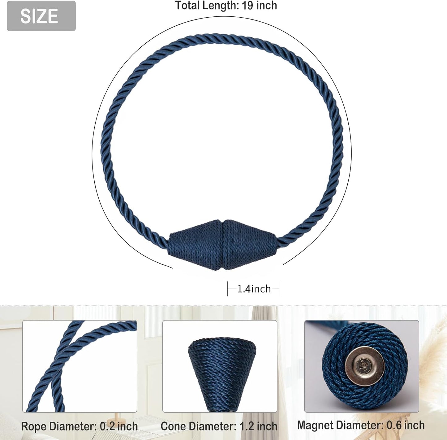 Magnetic Curtain Tiebacks 6 Pack Outdoor Rope Curtain Tie Backs Decorative Window Treatment Holdbacks for Home Decorative Curtain, Blue