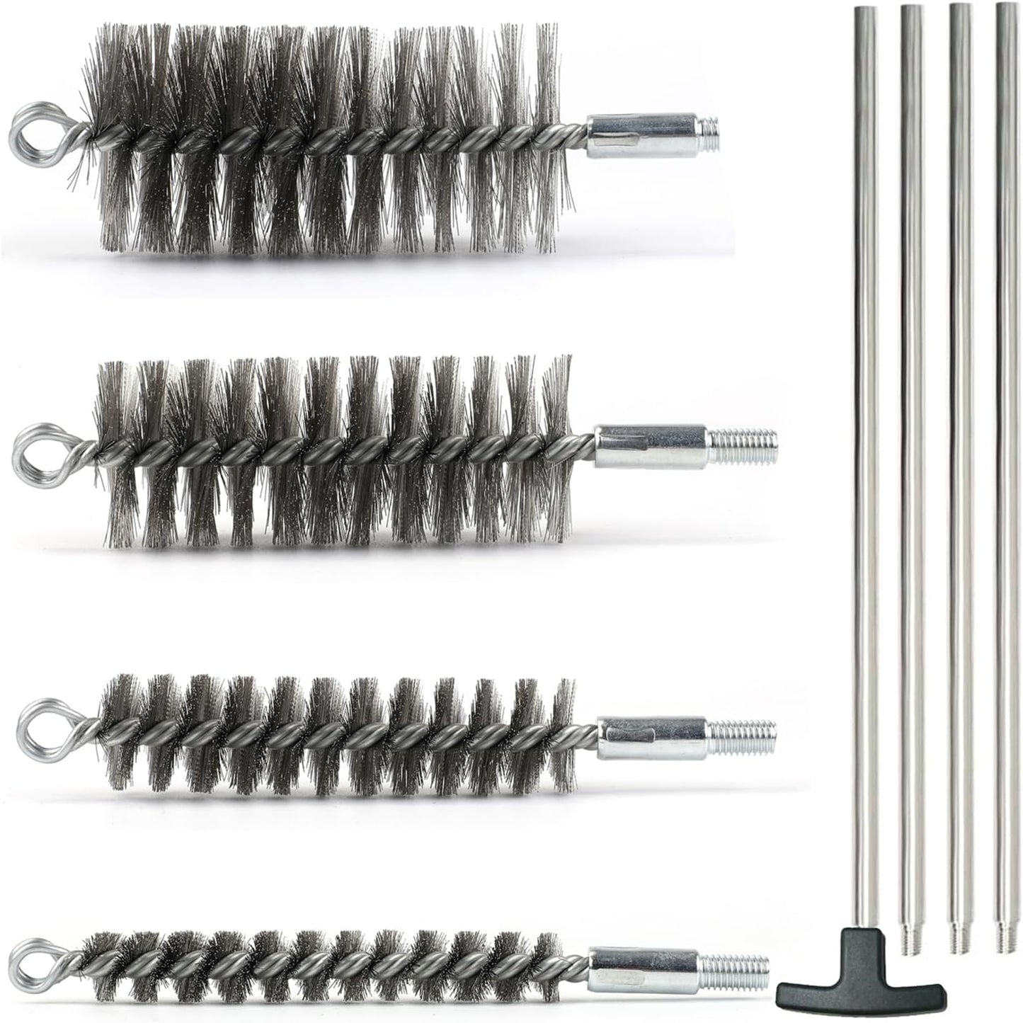 50 in Pipe Cleaning Brush Set with Stainless Steel Bristles, Wire Brush with 4pcs Galvanized Rod, Stainless Steel Pipe Brush 4pcs for Auto Parts, Bottles, Tubes. (3/5, 1, 1 3/5, 2 in Brush Heads)