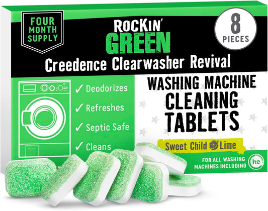 Rockin' Green Deep Cleaning and Deodorizing Tablets for Dishwashers, Washing Machines, and Garbage Disposals, Removes Odor and Residue (Washing Machine Cleaning Tablets, 8 Pack)