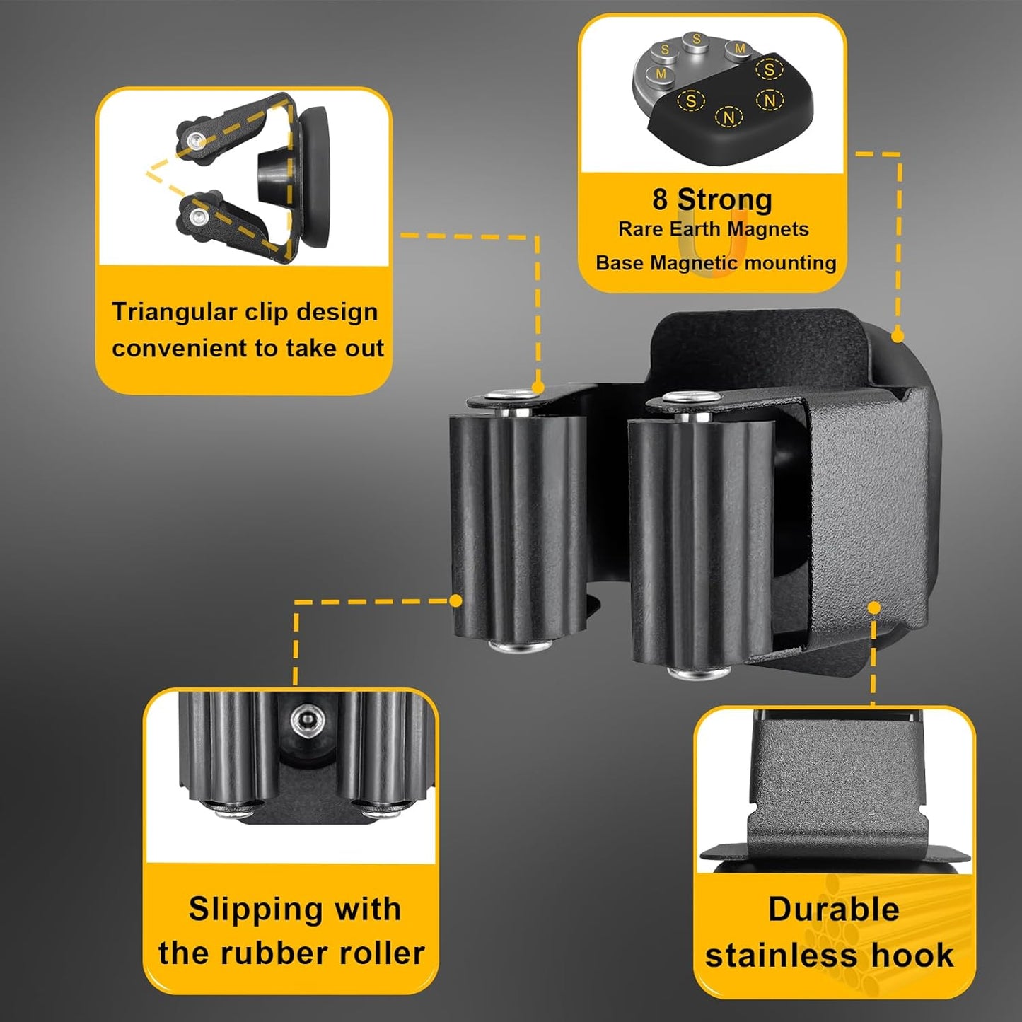 Upgraded Magnetic Broom and Mop Holder Wall Mount, Space-Saving Heavy Duty No Drill Over the Door Broom Gripper RV Camper Wall Organizer,Black,2 Pcs