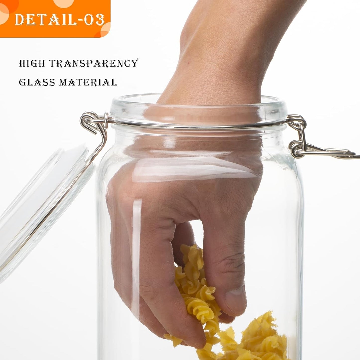 50oz Square Glass Food Storage Jars with Airtight Clamp Lids, 3 Pack Large Kitchen Canisters for Flour, Cereal, Coffee, Pasta and Canning, Mason Jar (Clear 50oz Square - 3 sets)