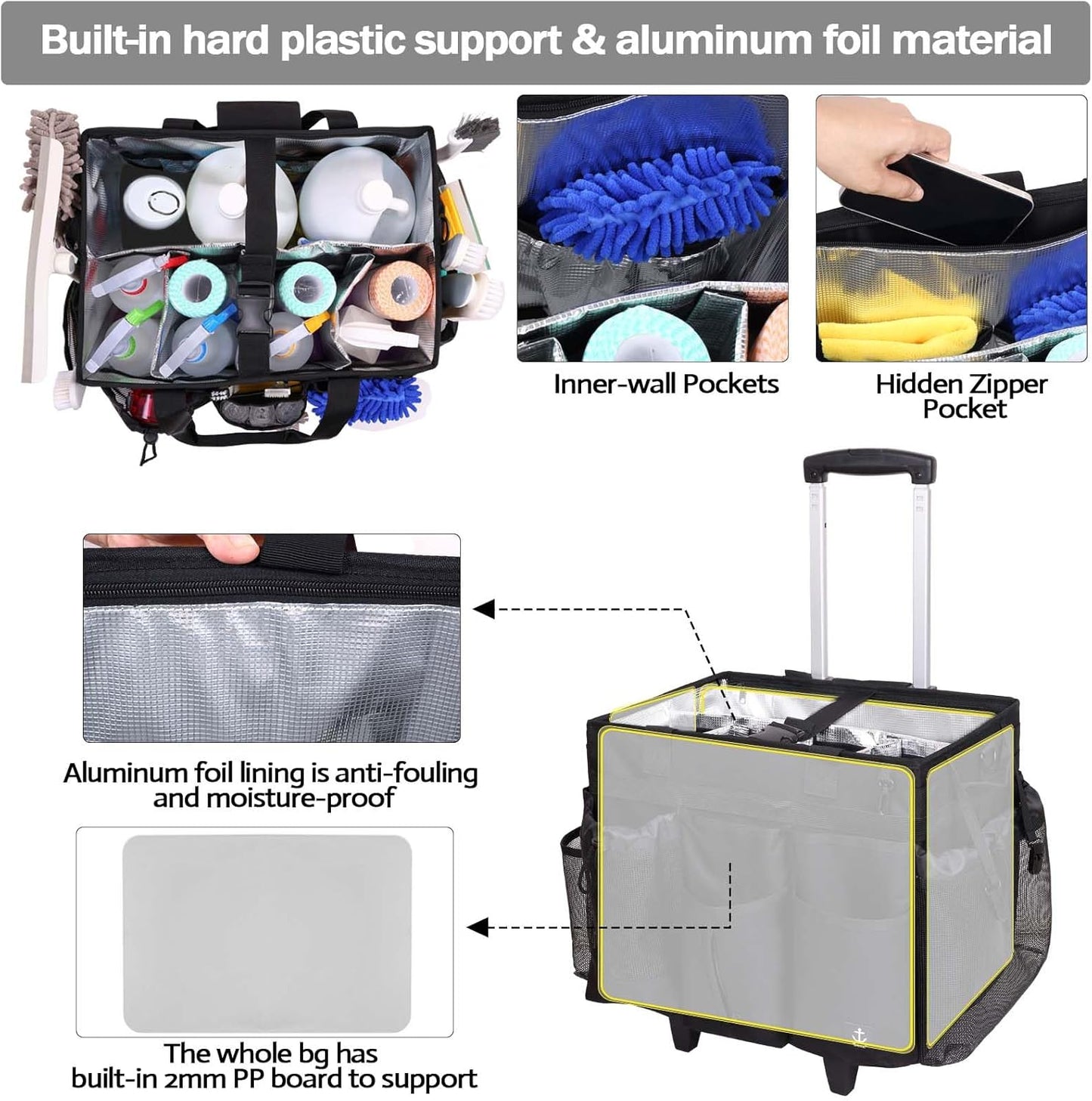 Extra Large Rolling Cleaning Caddy Bag with Detachable, Foldable Trolley Portable Cleaning Cart for Housekeeping Cleaning Caddy with Adjustable Shoulder Strap and Multiple Storage Pockets